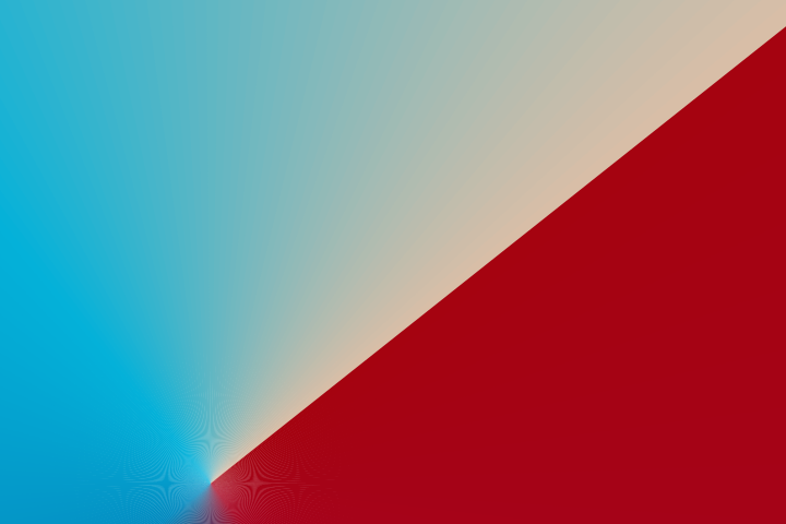 Gradien diagonal yang bergeser dari biru cerah ke merah tua dengan pita putih di tengah