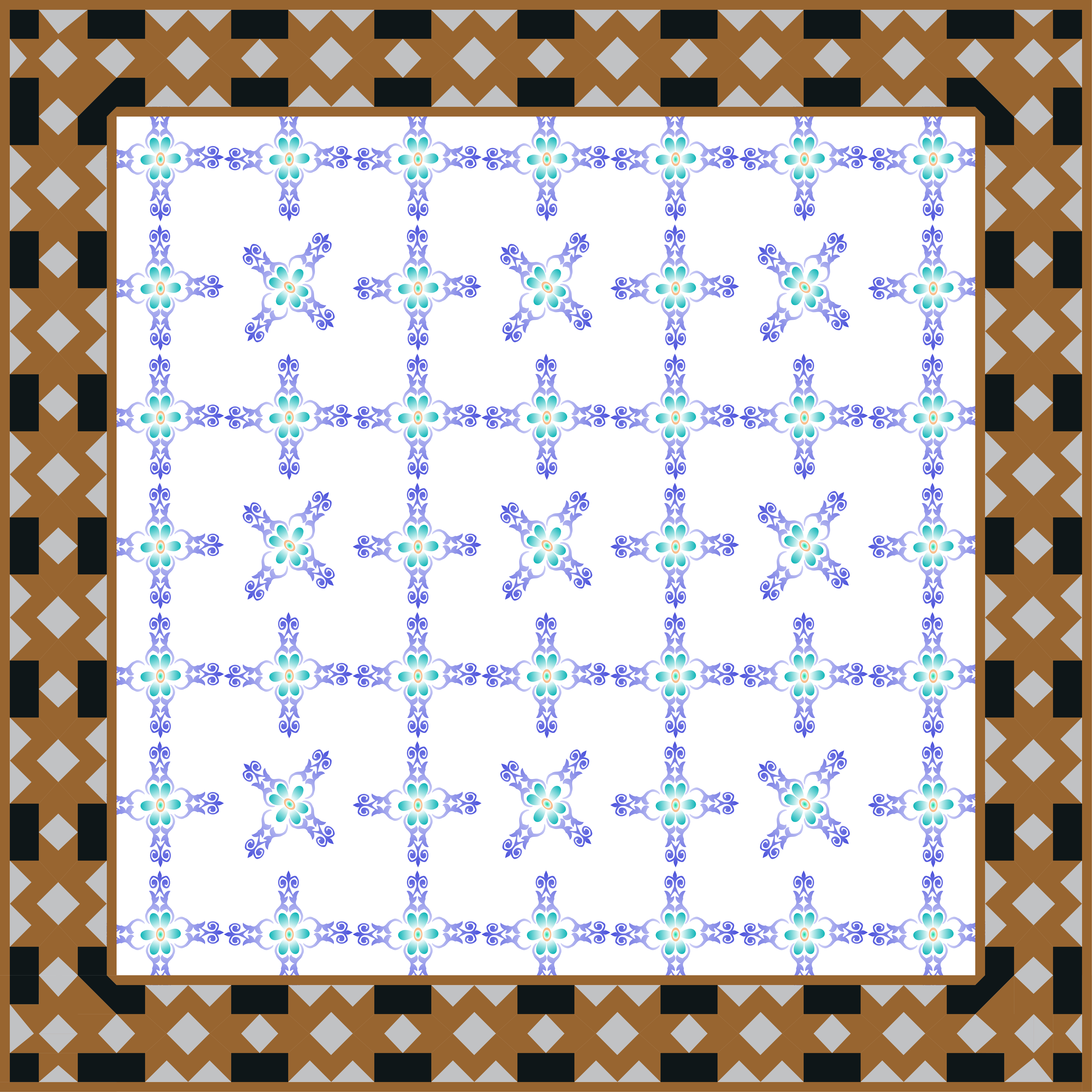 Un patrón floral repetitivo en azul y verde azulado dentro de un borde marrón geométrico