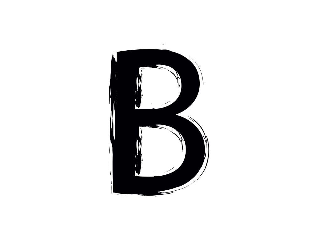 白い背景に、苦しみのある筆致の質感を持つ黒い文字のB
