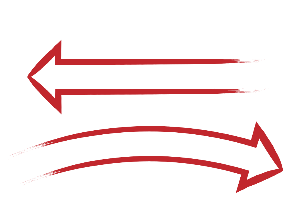 Two red arrows with brushstroke textures, one pointing left and one curving right