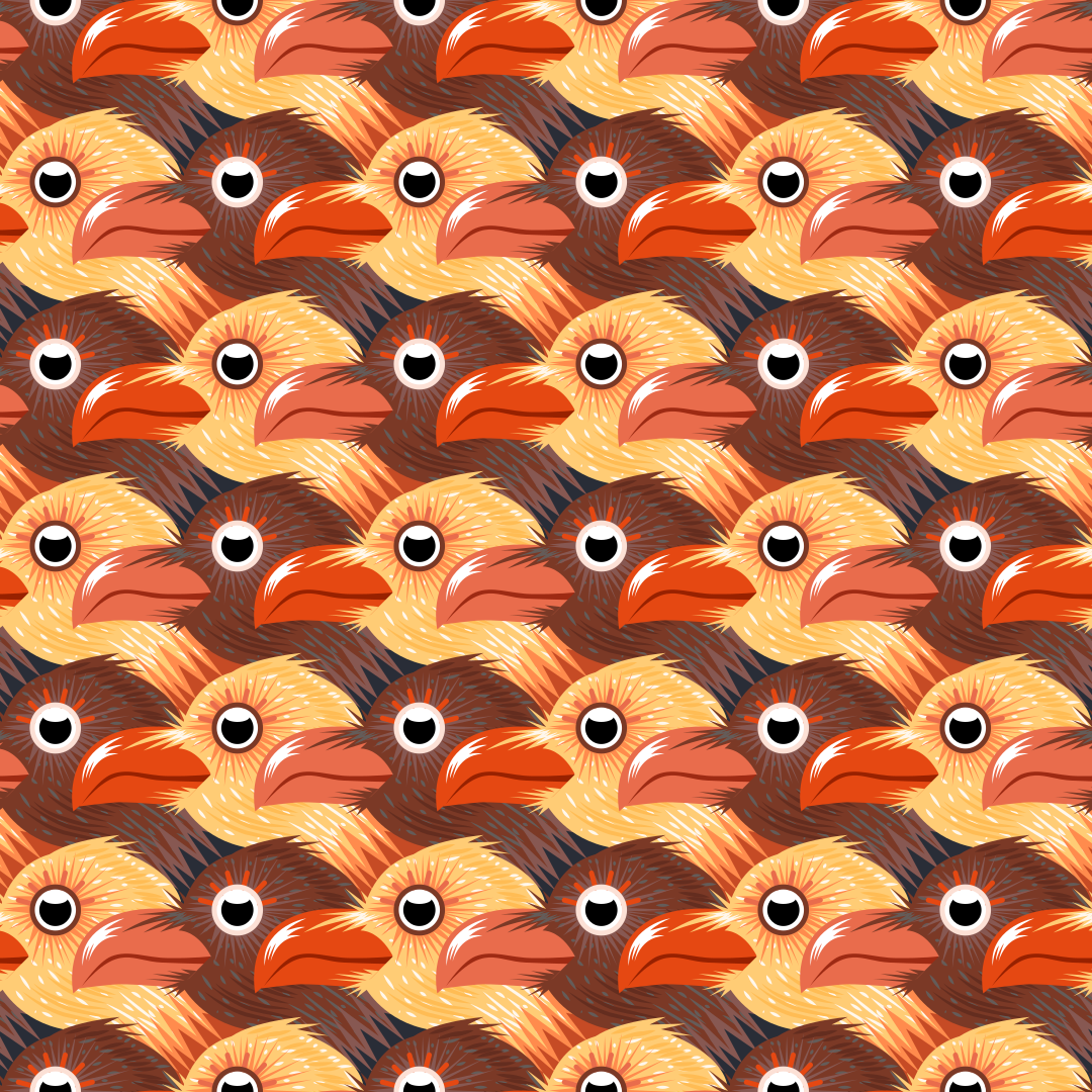 Ein nahtloses Muster stilisierter Vögel mit orangefarbenen Schnäbeln und dunklen Augen