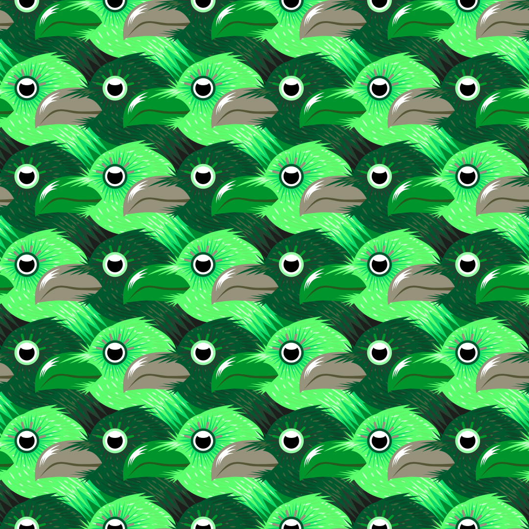 Ein sich wiederholendes Muster stilisierter grüner Vogelköpfe mit großen Augen und grauen Schnäbeln