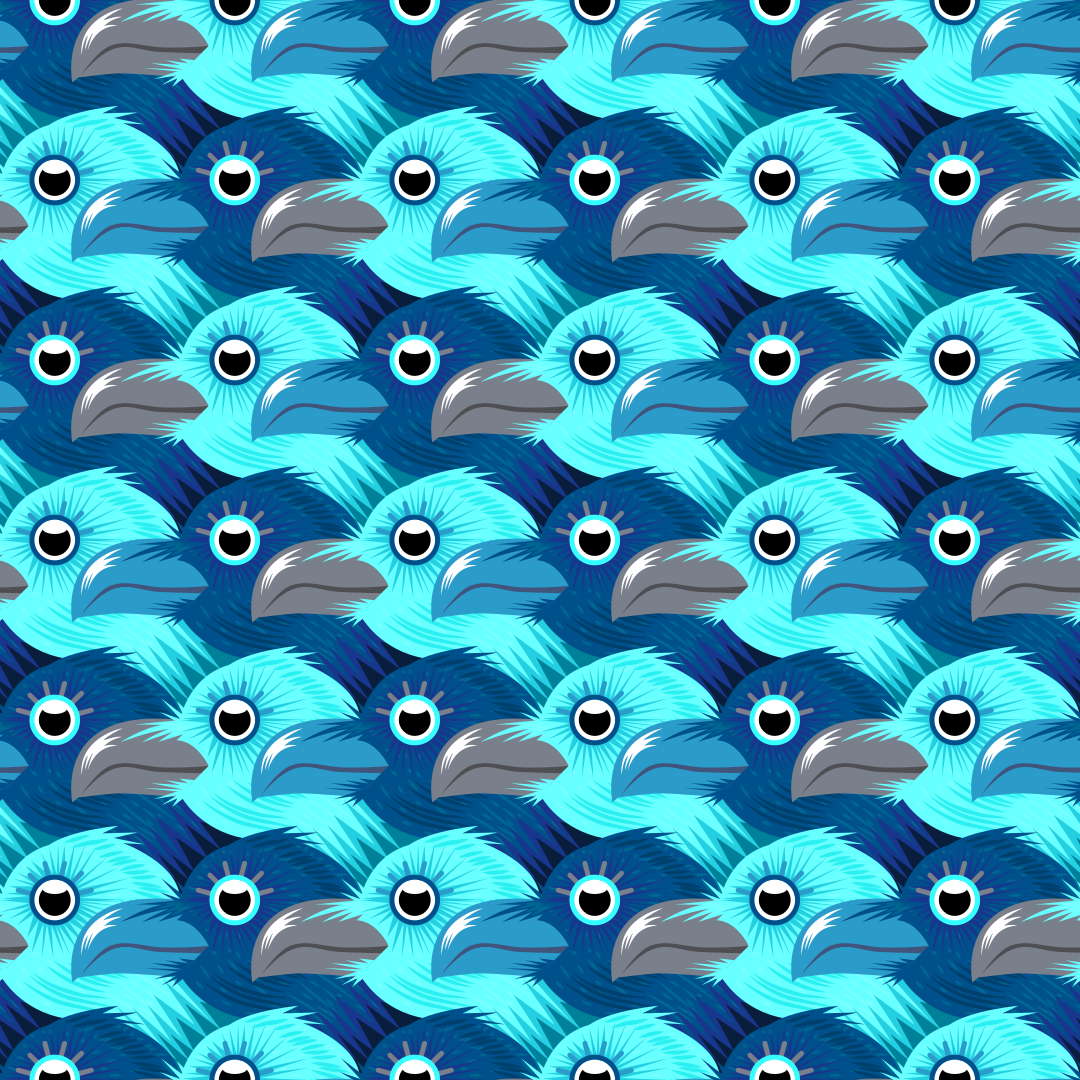 Ein sich wiederholendes Muster stilisierter blauer Vögel mit großen Augen und grauen Schnäbeln