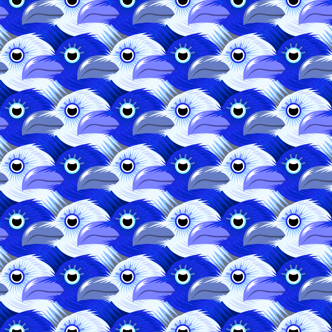 Ein sich wiederholendes Muster aus stilisierten blau-weißen Vogelköpfen