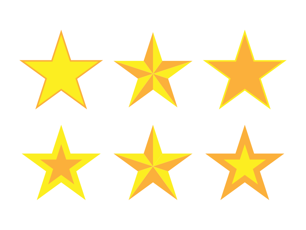 Seis formas de estrelas amarelas e laranjas dispostas em duas fileiras sobre fundo branco