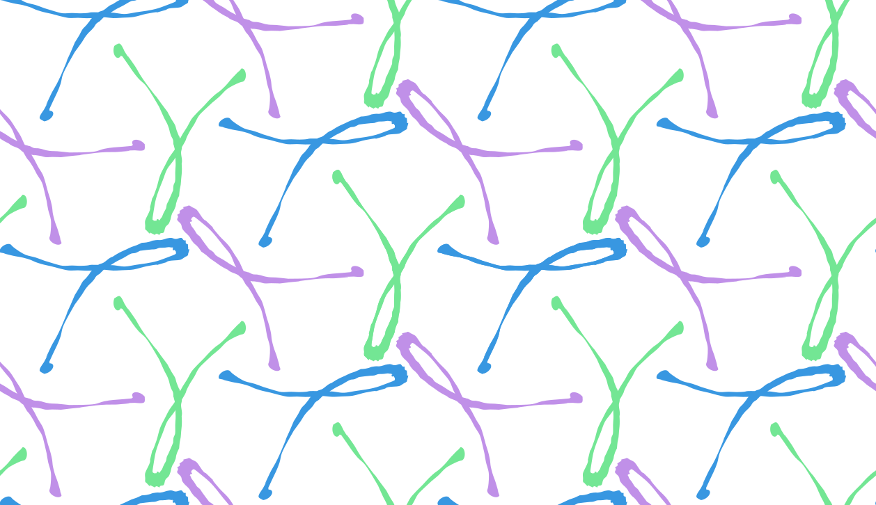 Un patrón continuo de pinceladas en forma de Y dibujadas a mano en azul, verde y morado