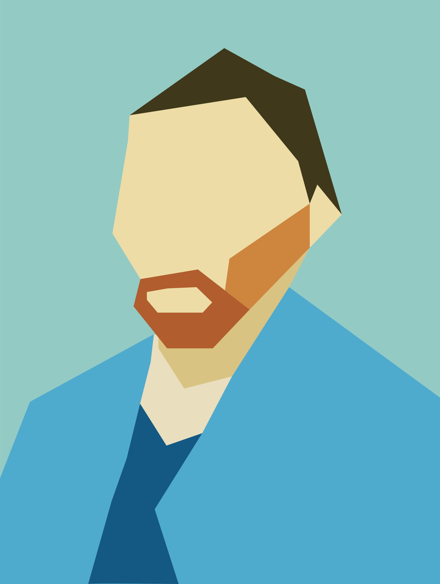 A stylized geometric portrait of a person with a beard in a blue shirt
