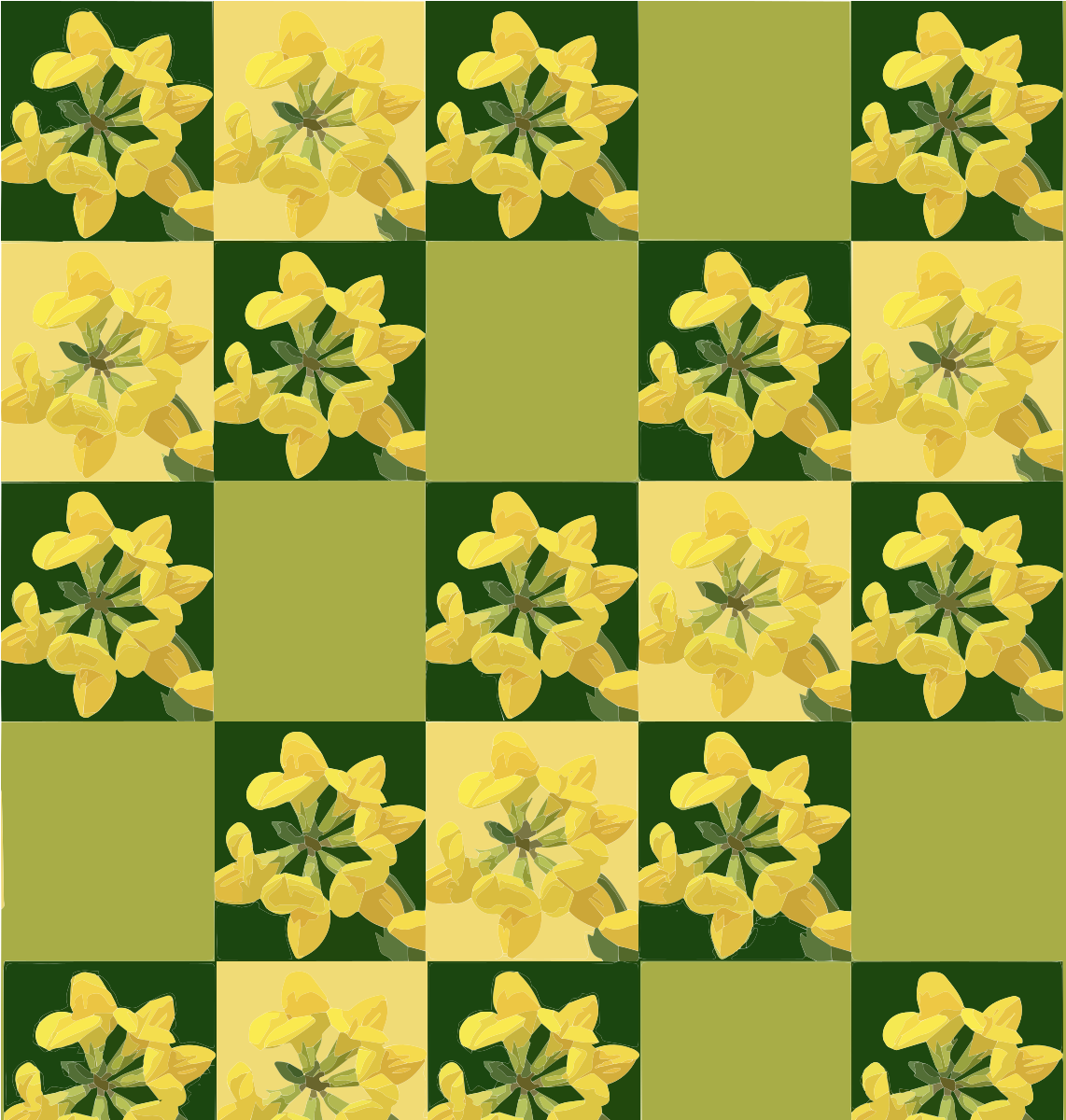 Un motivo ripetuto di fiori gialli su quadrati alternati verde scuro e giallo chiaro