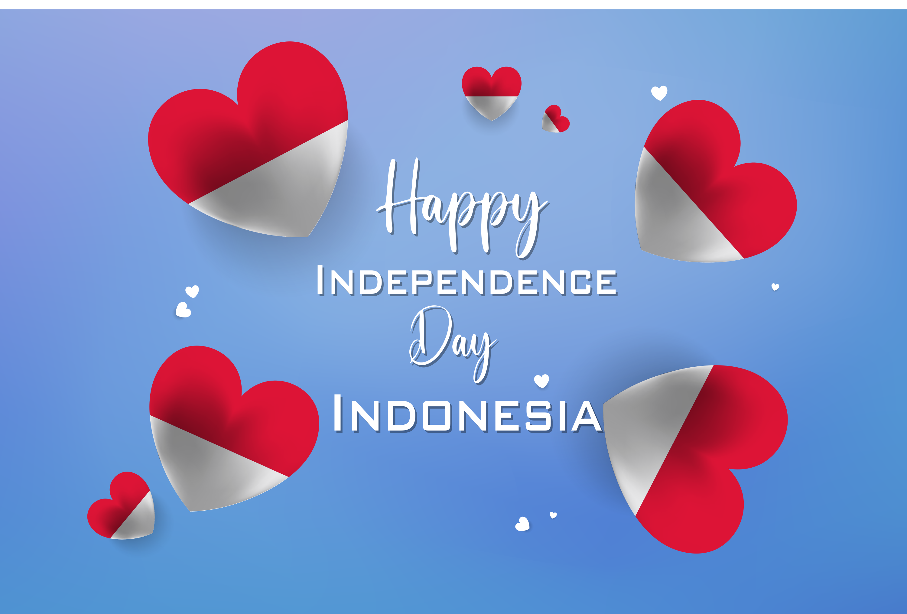 Heart shapes with the red and white Indonesian flag pattern on blue background