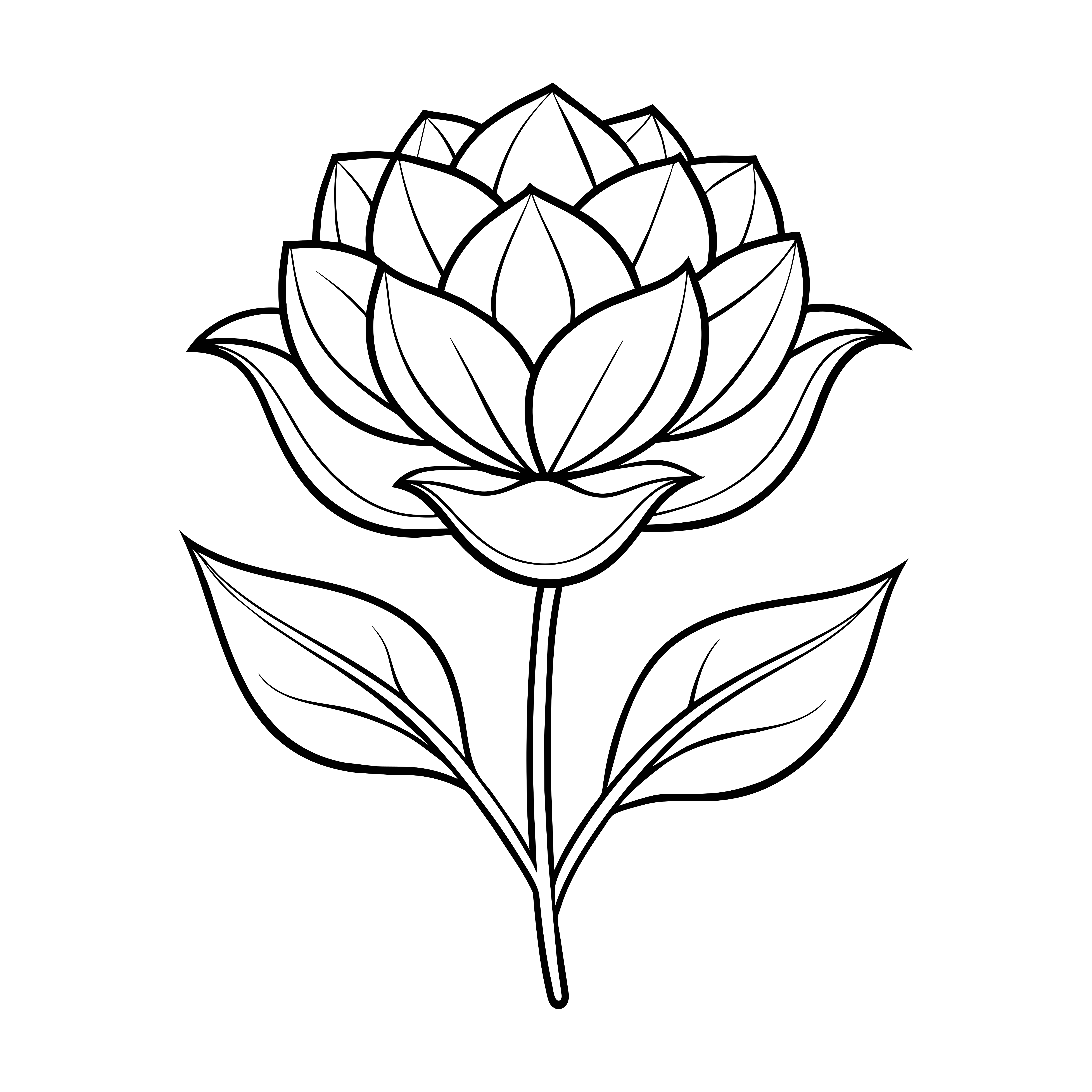 층층이 쌓인 꽃잎과 줄기 위에 두 잎을 가진 스타일화된 꽃