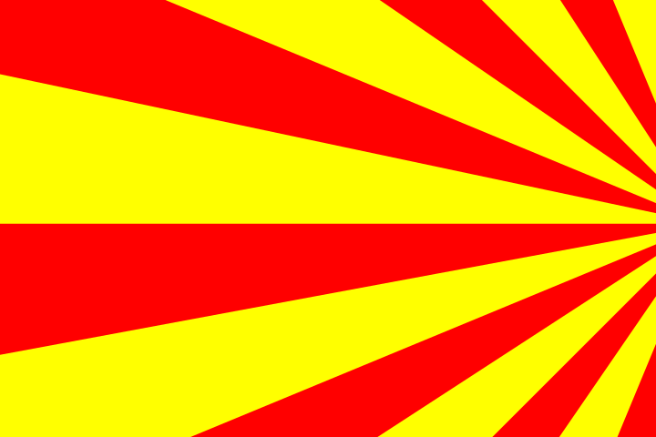 A pattern of alternating red and yellow sunburst rays radiating from the right