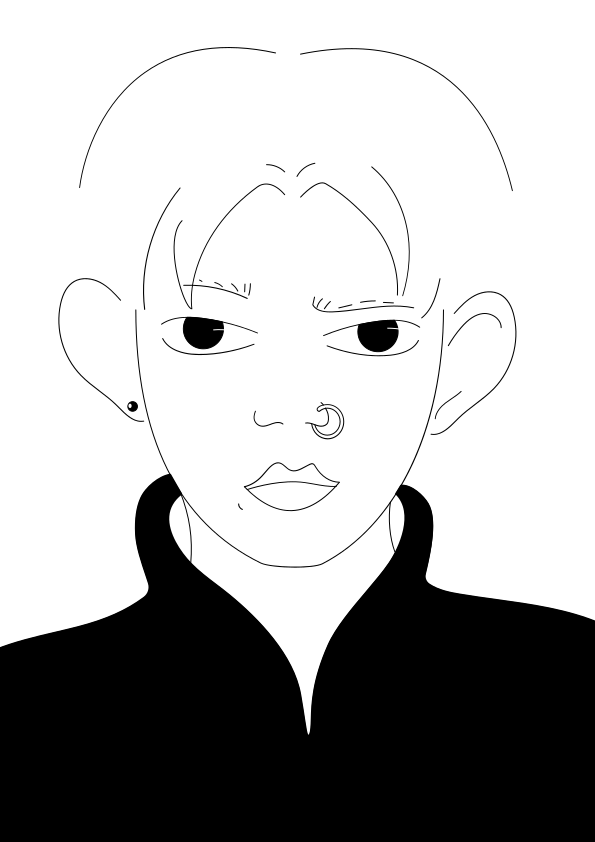 Un disegno a linee di una persona con un anello al naso e un piercchio per l'orecchio