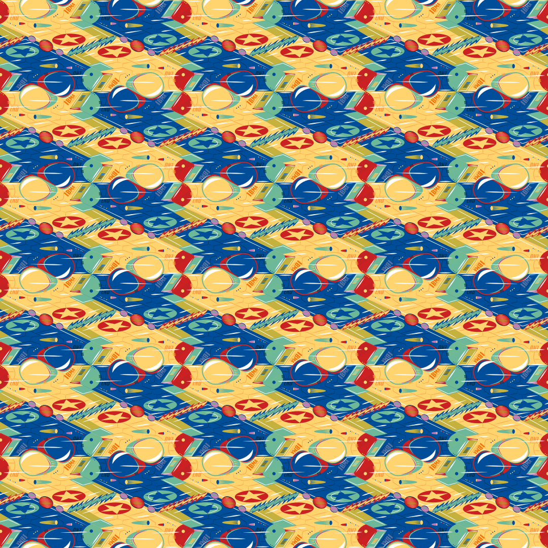 A repeating pattern of stylized blue and yellow fighter jets with red stars