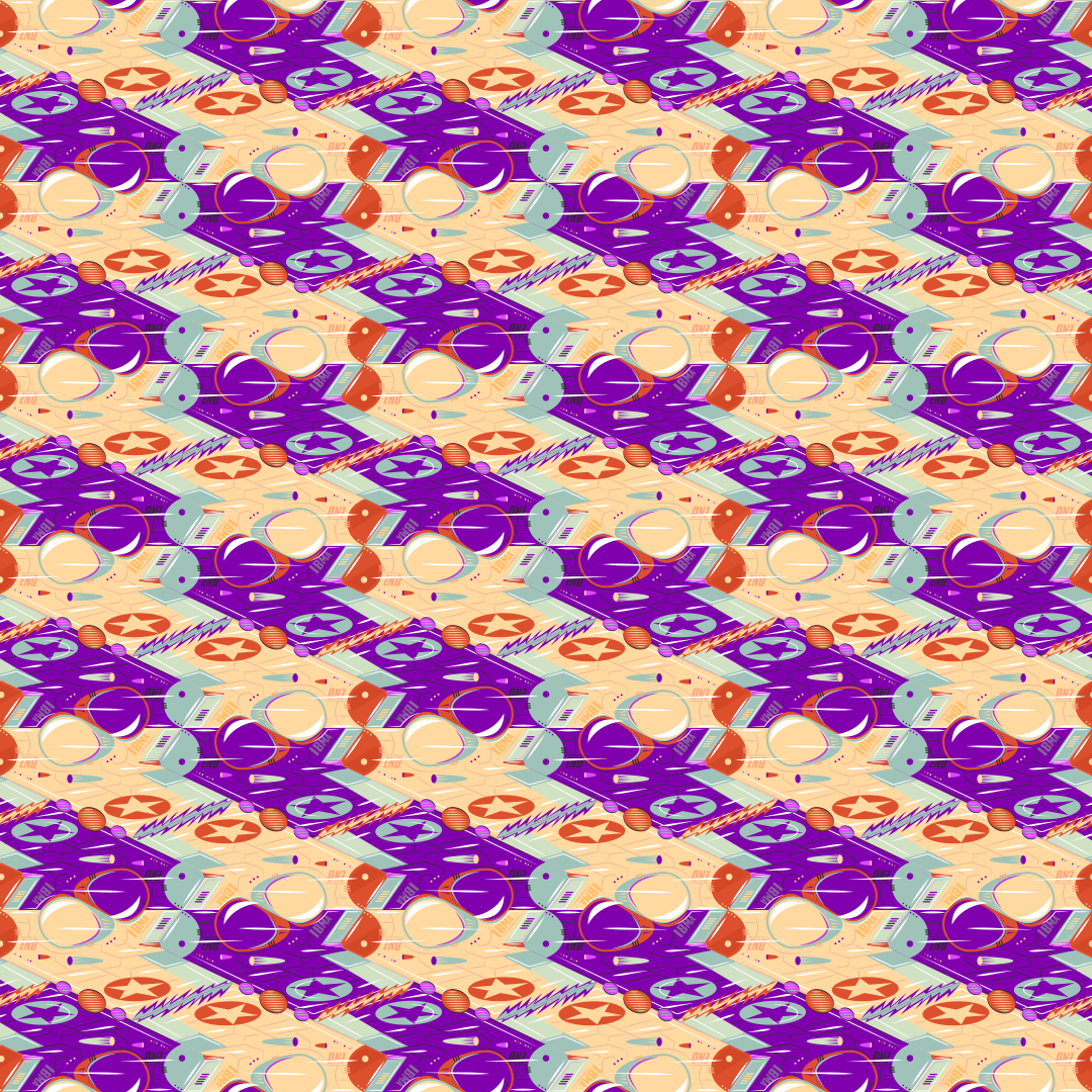 Un motif répétitif de vaisseaux spatiaux violets stylisés et d’étoiles orange sur fond beige