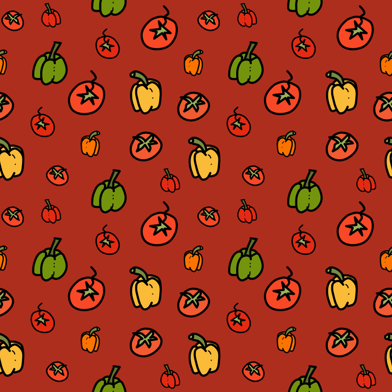 Um padrão contínuo de tomates vermelhos desenhados à mão e pimentões amarelos e verdes