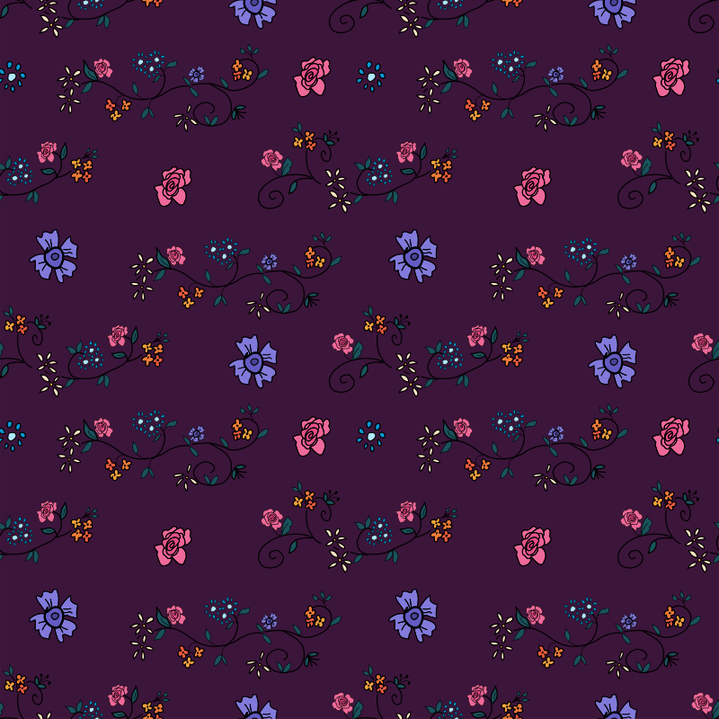 Um padrão contínuo de pequenas rosas rosas e flores roxas sobre roxo escuro
