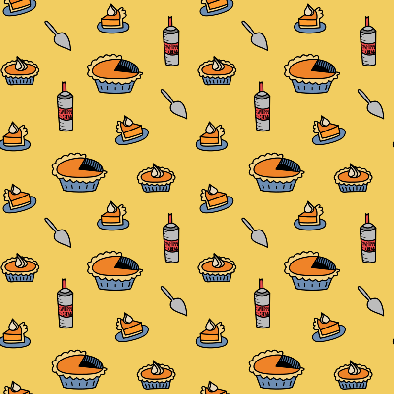 Motif fluide de tranches de tarte à la citrouille, de tartes entières, de boîtes de crème fouettée et de spatules
