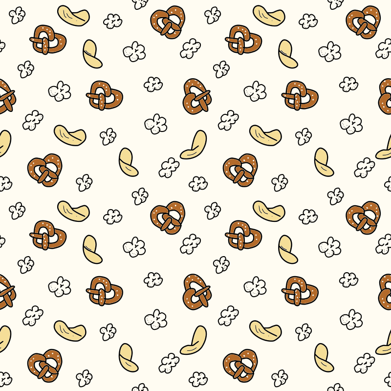 Motivo senza soluzione di continuità di pretzel disegnati a mano, popcorn e anacardi su fondo cremoso