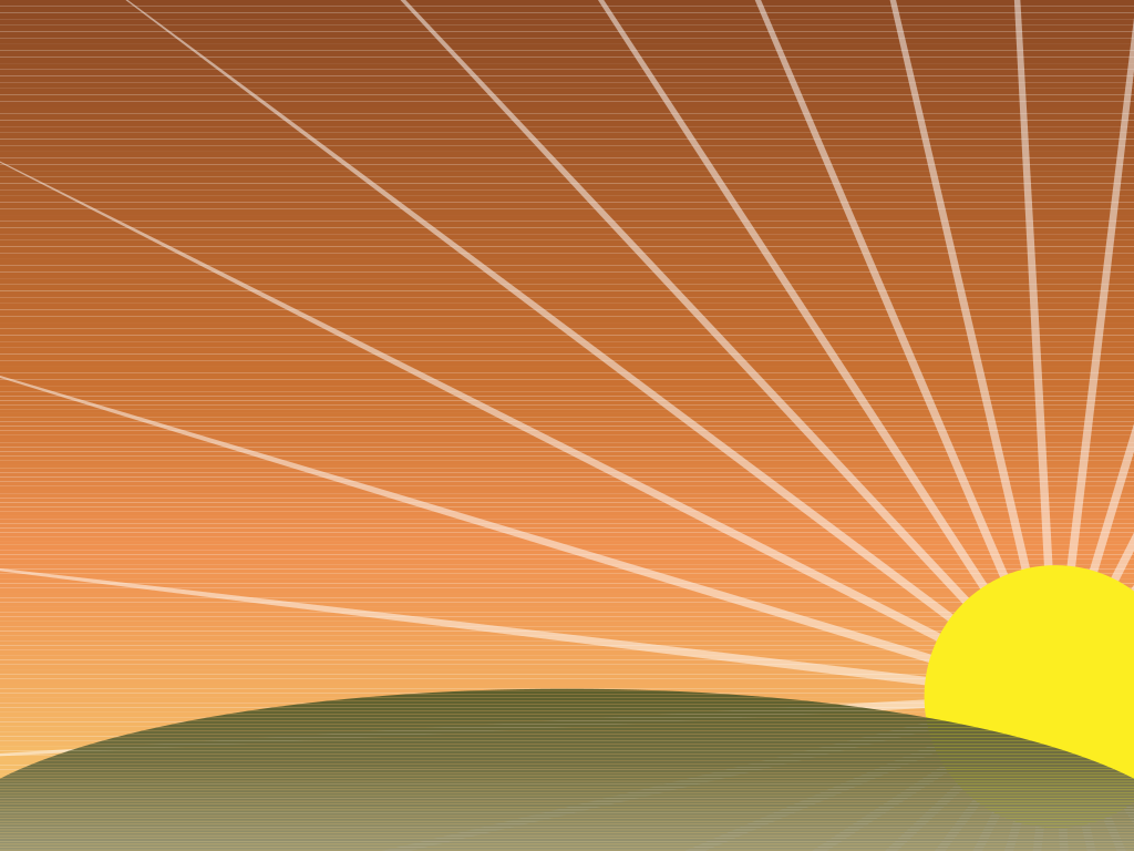 A yellow sun rising over a green hill against a warm orange sky