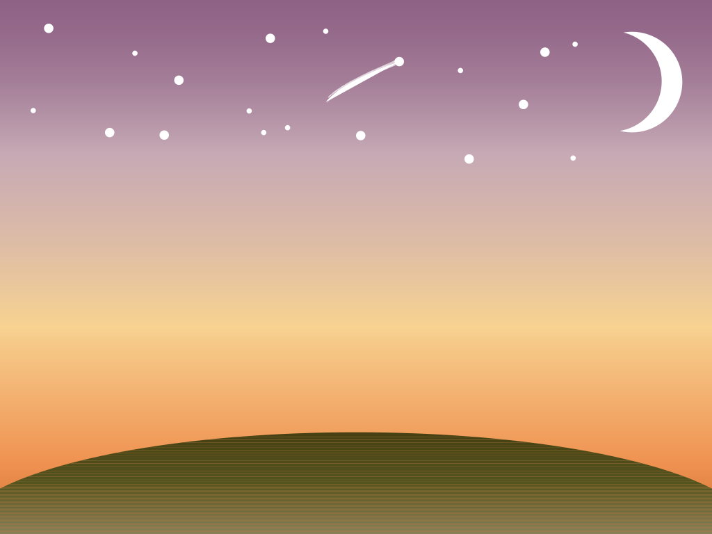 Una luna creciente y estrellas en un cielo degradado de púrpura a naranja