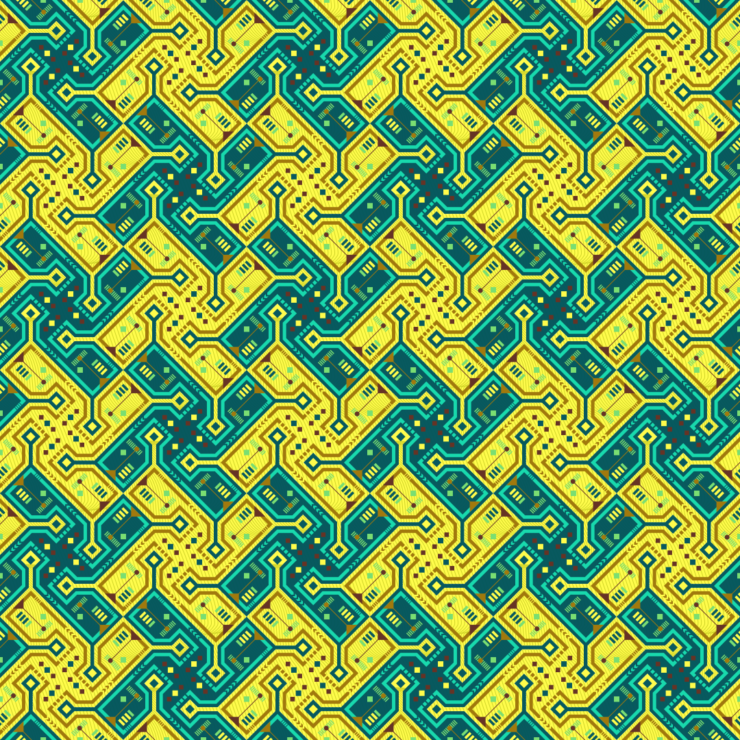 Ein nahtloses Muster aus gelben und türkisfarbenen geometrischen Leiterplattenlinien
