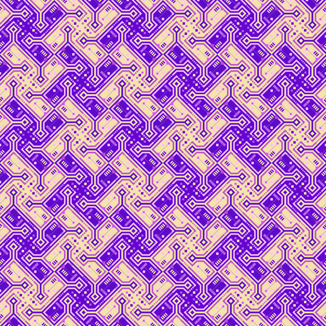 Ein nahtloses Muster aus violetten und gelben geometrischen Leiterplattenlinien