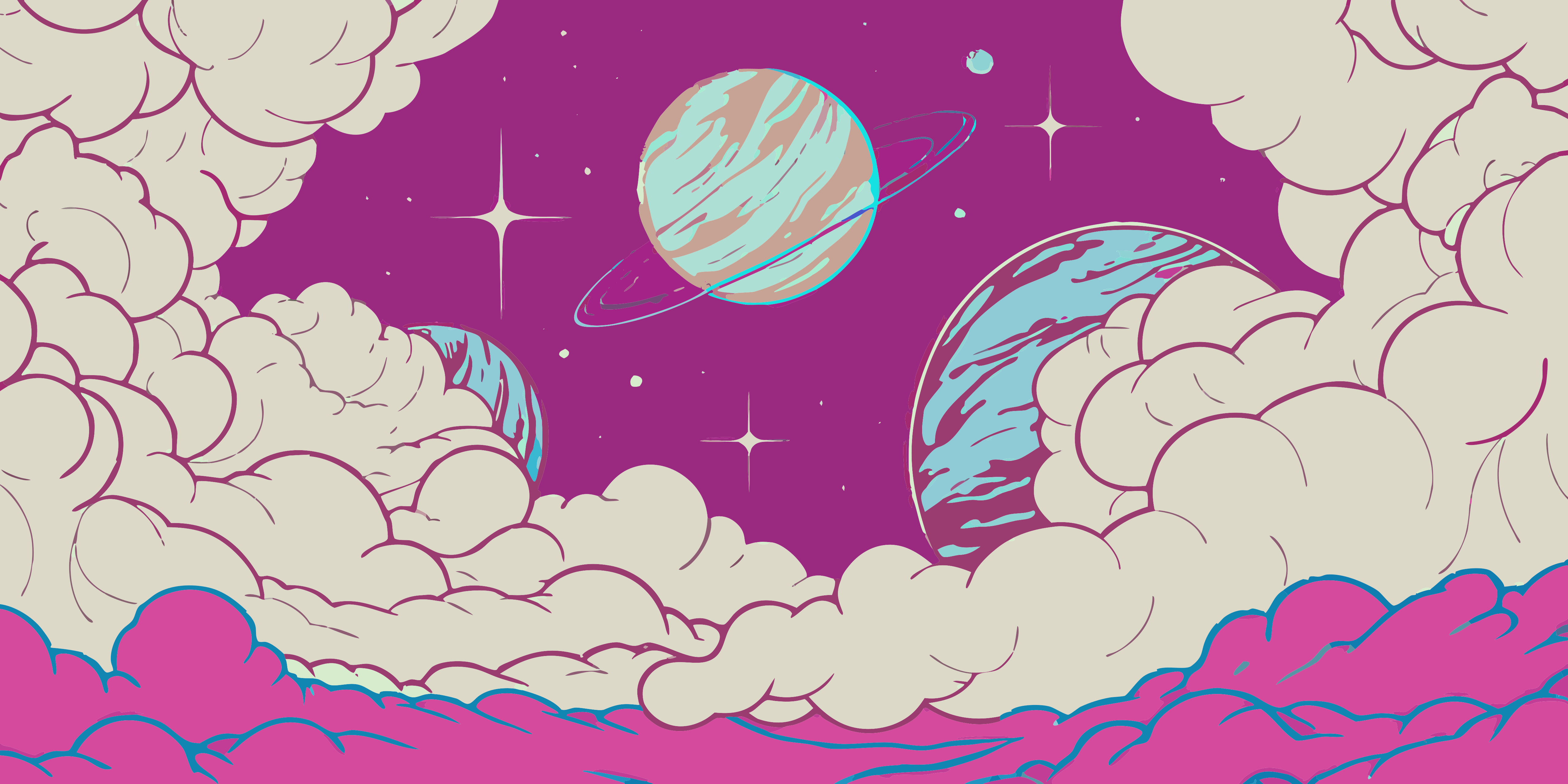 Des planètes avec des anneaux flottant parmi des nuages stylisés dans un ciel spatial violet