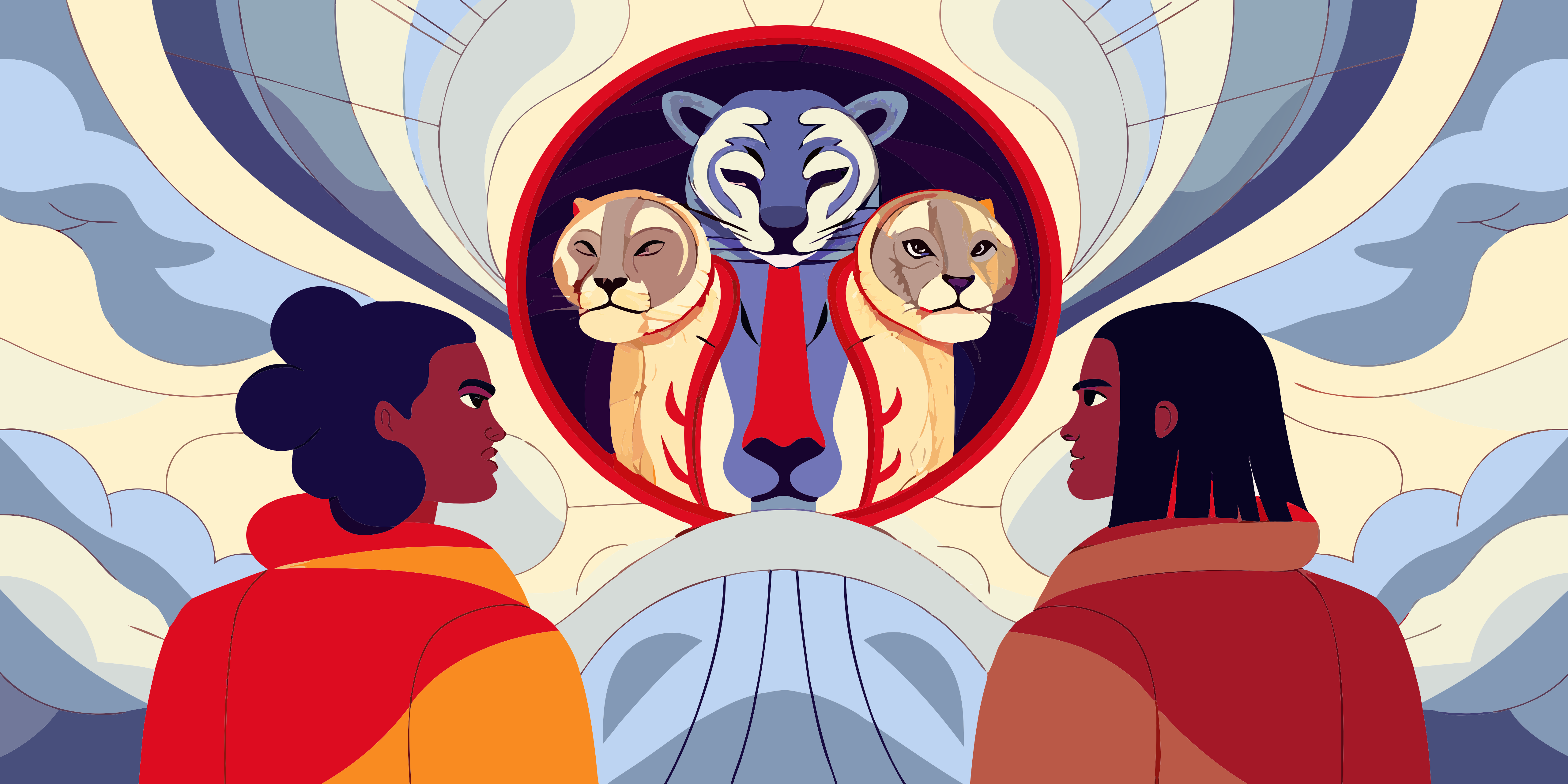 Duas pessoas enfrentando um emblema circular contendo três grandes felinos estilizados