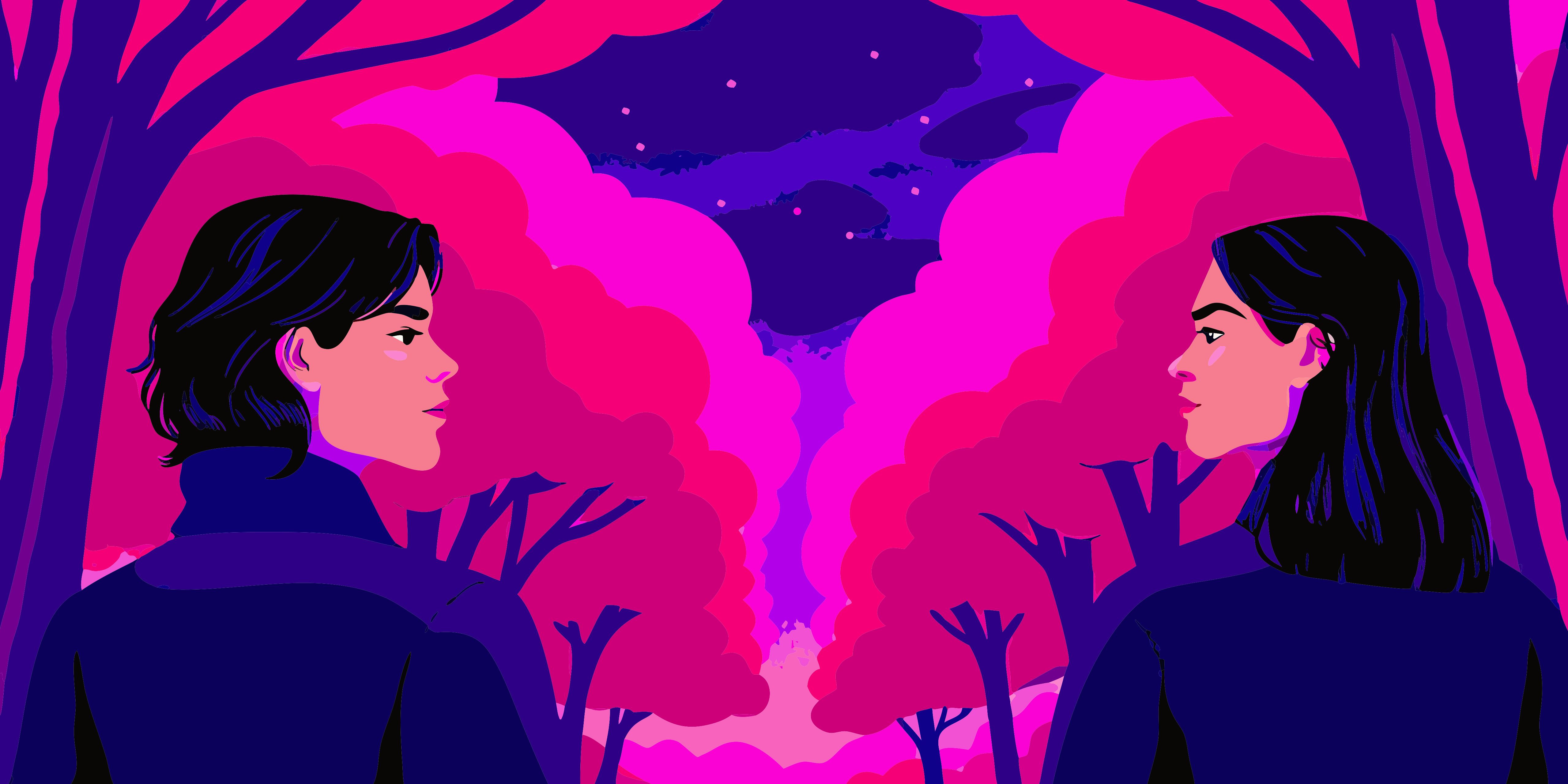 Dos personas enfrentándose en un bosque de árboles rosas vibrantes por la noche