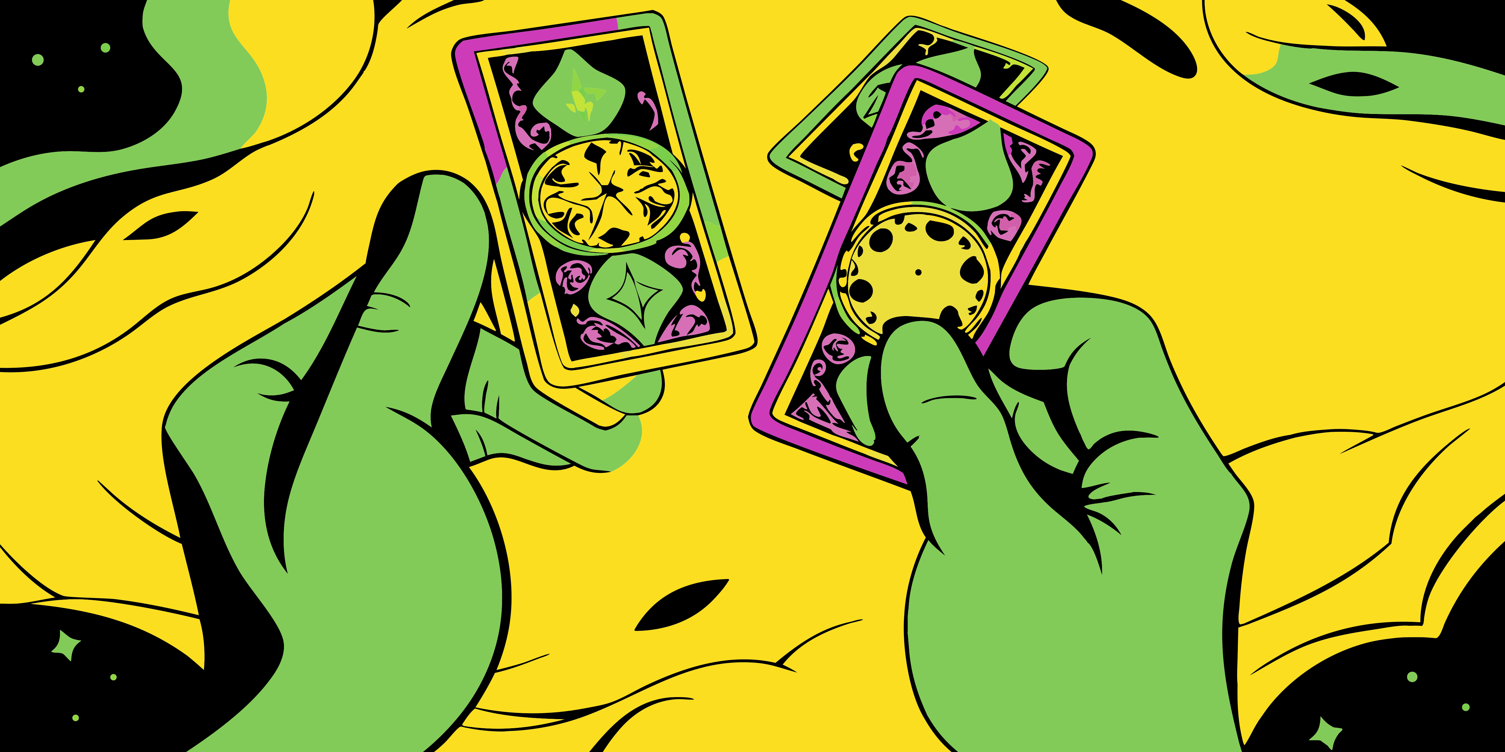 Manos verdes sosteniendo cartas ornamentadas sobre un fondo amarillo vibrante