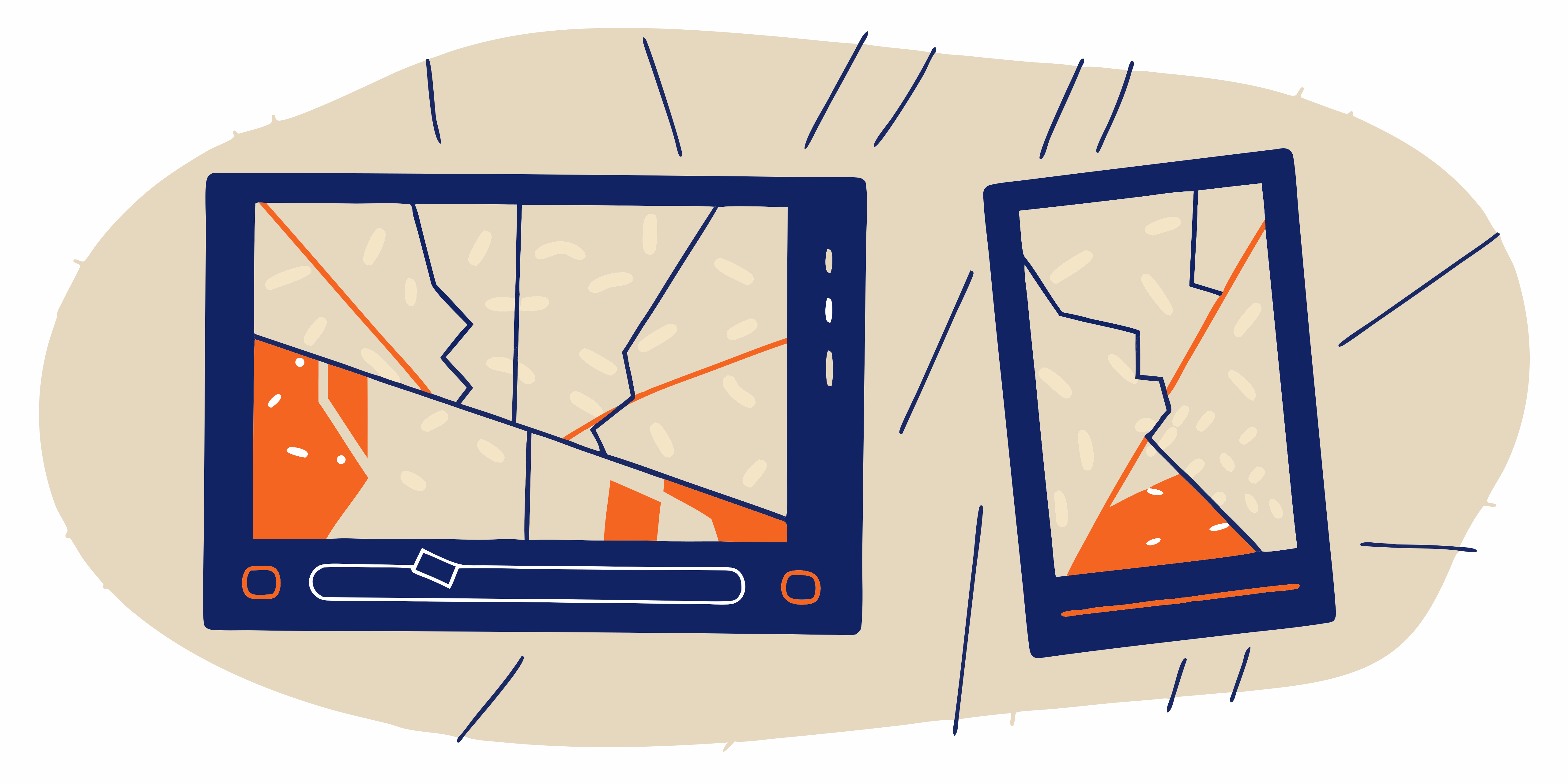 Due schermi digitali con display crepati e accenti arancioni su uno sfondo beige