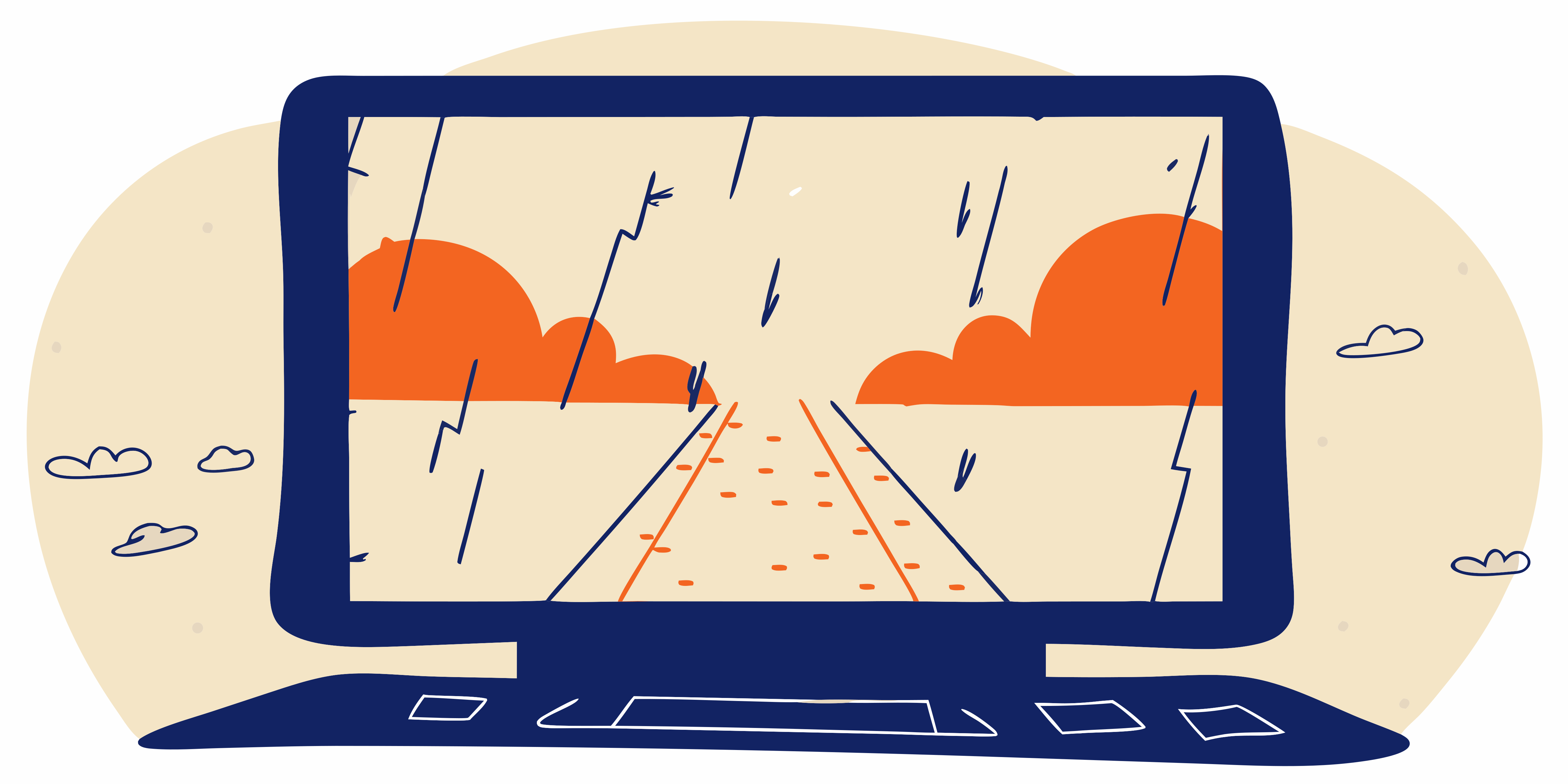 Layar laptop yang menampilkan lanskap hujan dengan awan oranye dan jalan