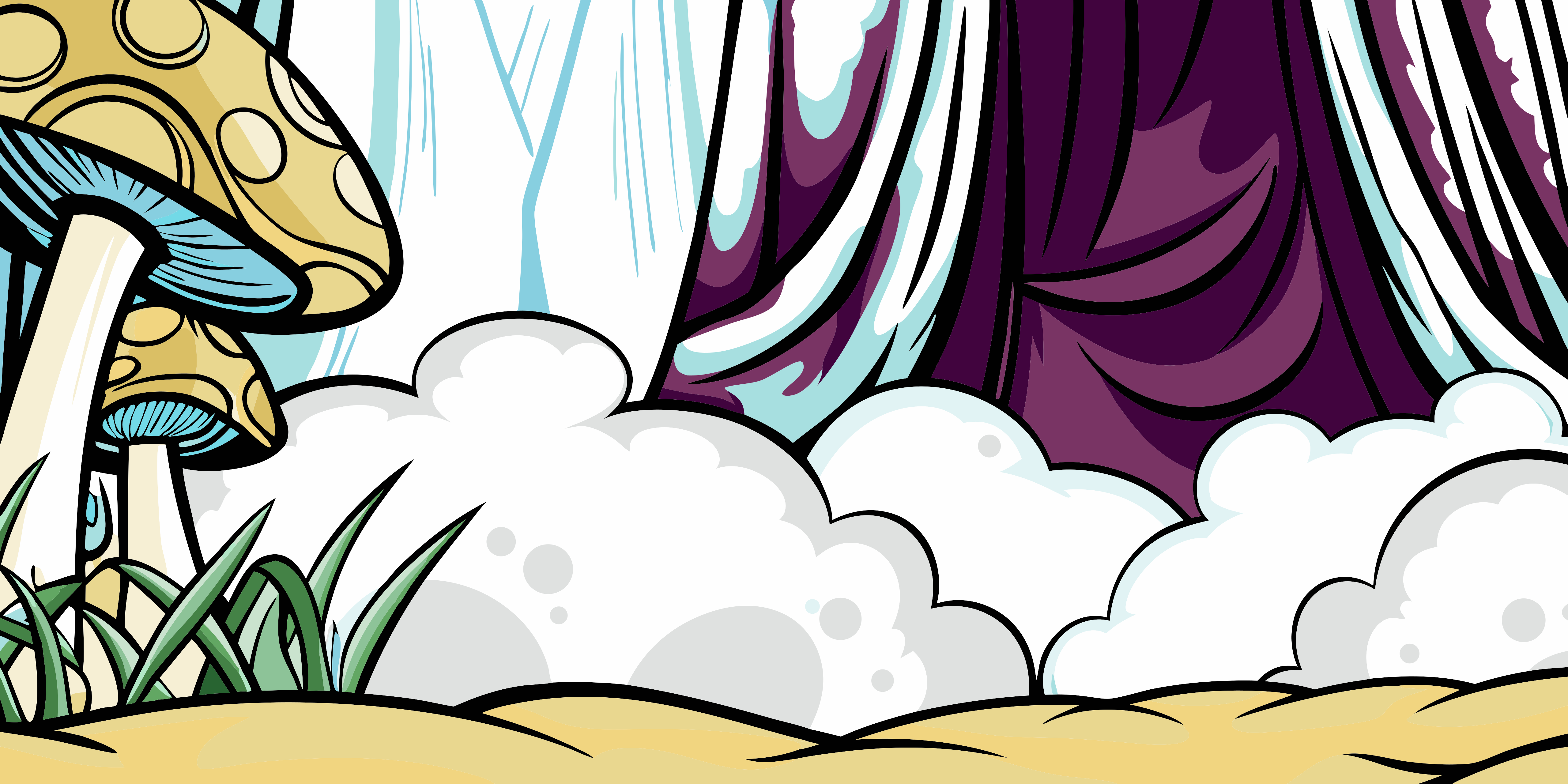 Yellow mushrooms with spots beside white clouds and purple fabric on sandy ground