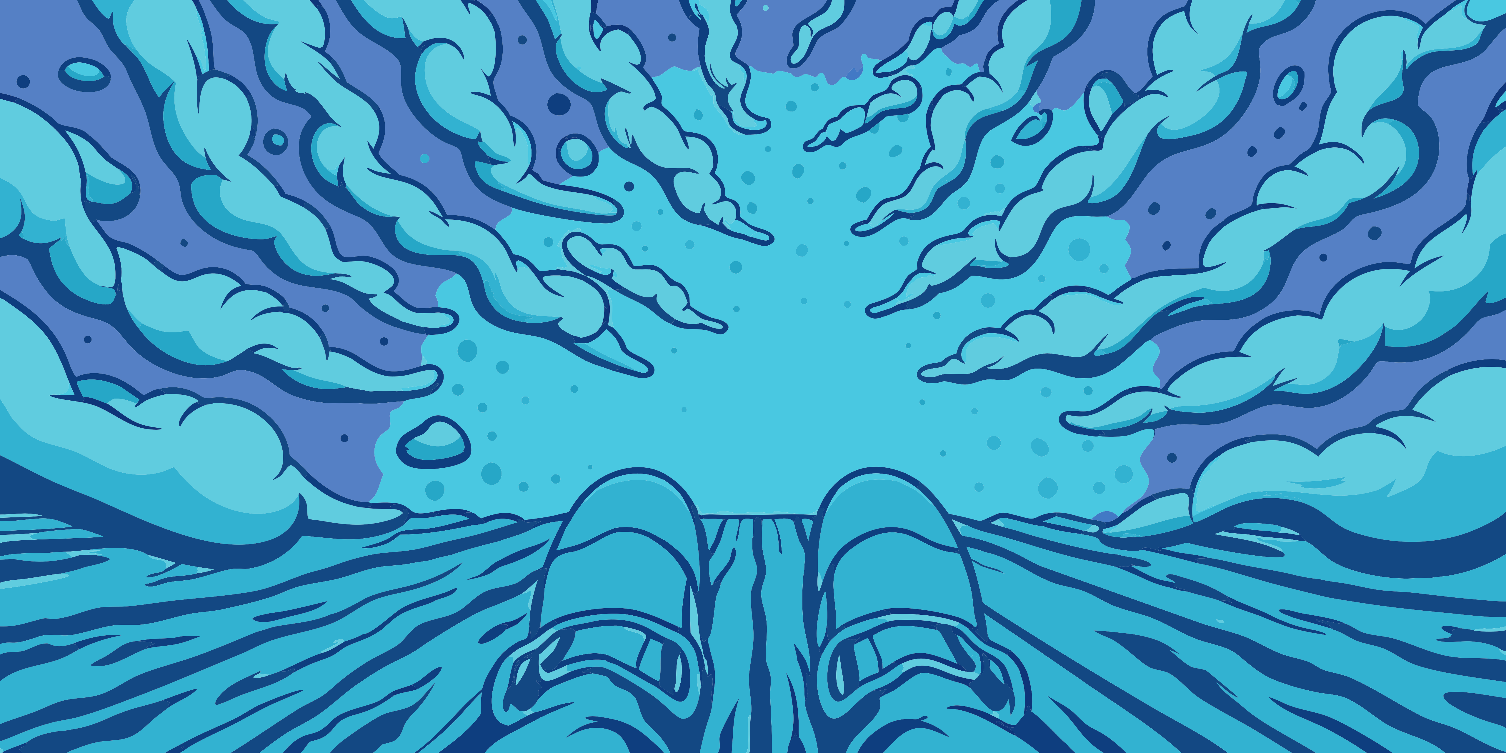 Vue à la première personne de pieds sur une surface en bois sous des nuages bleus tourbillonnants