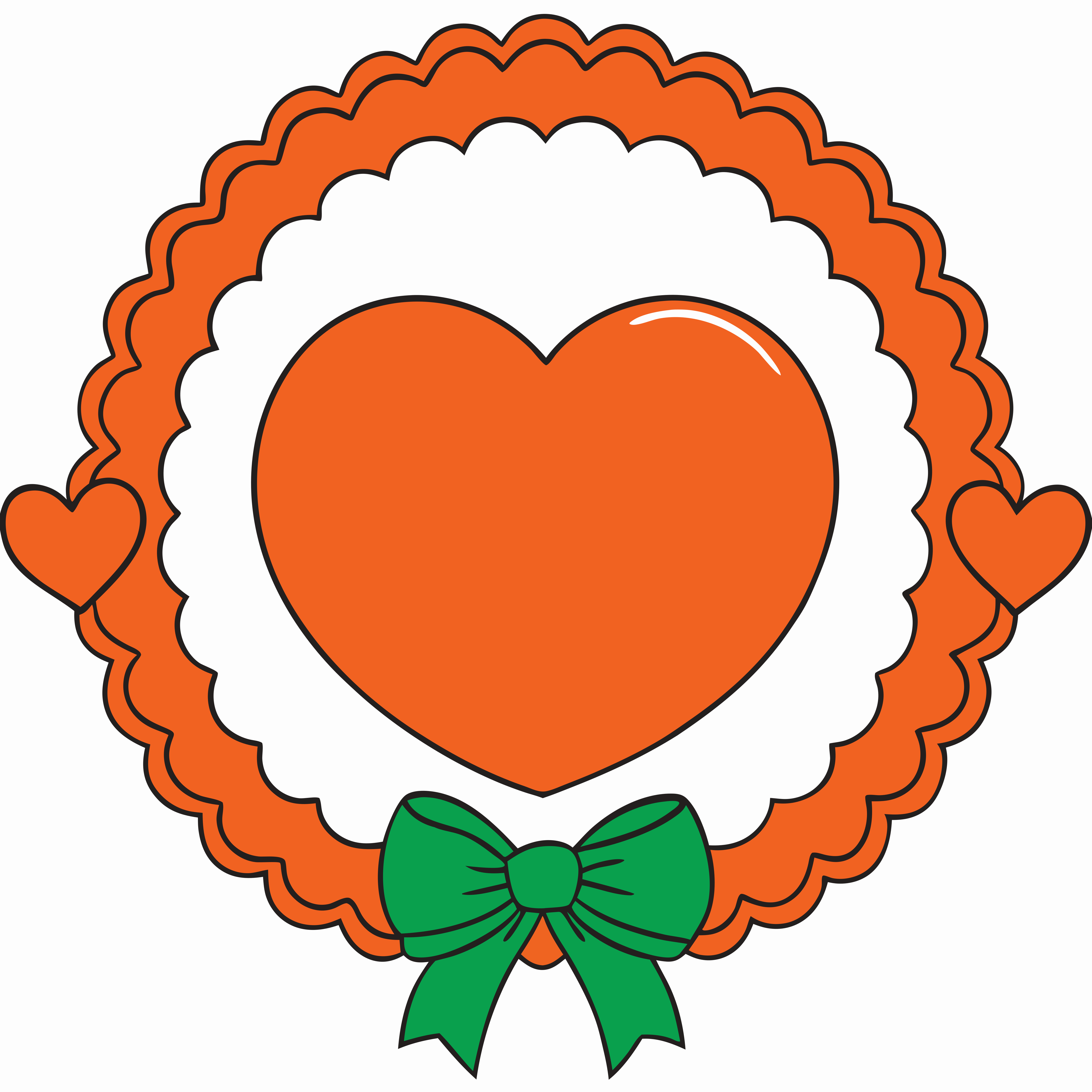 Un cœur orange à l’intérieur d’un cadre festonné avec un nœud vert
