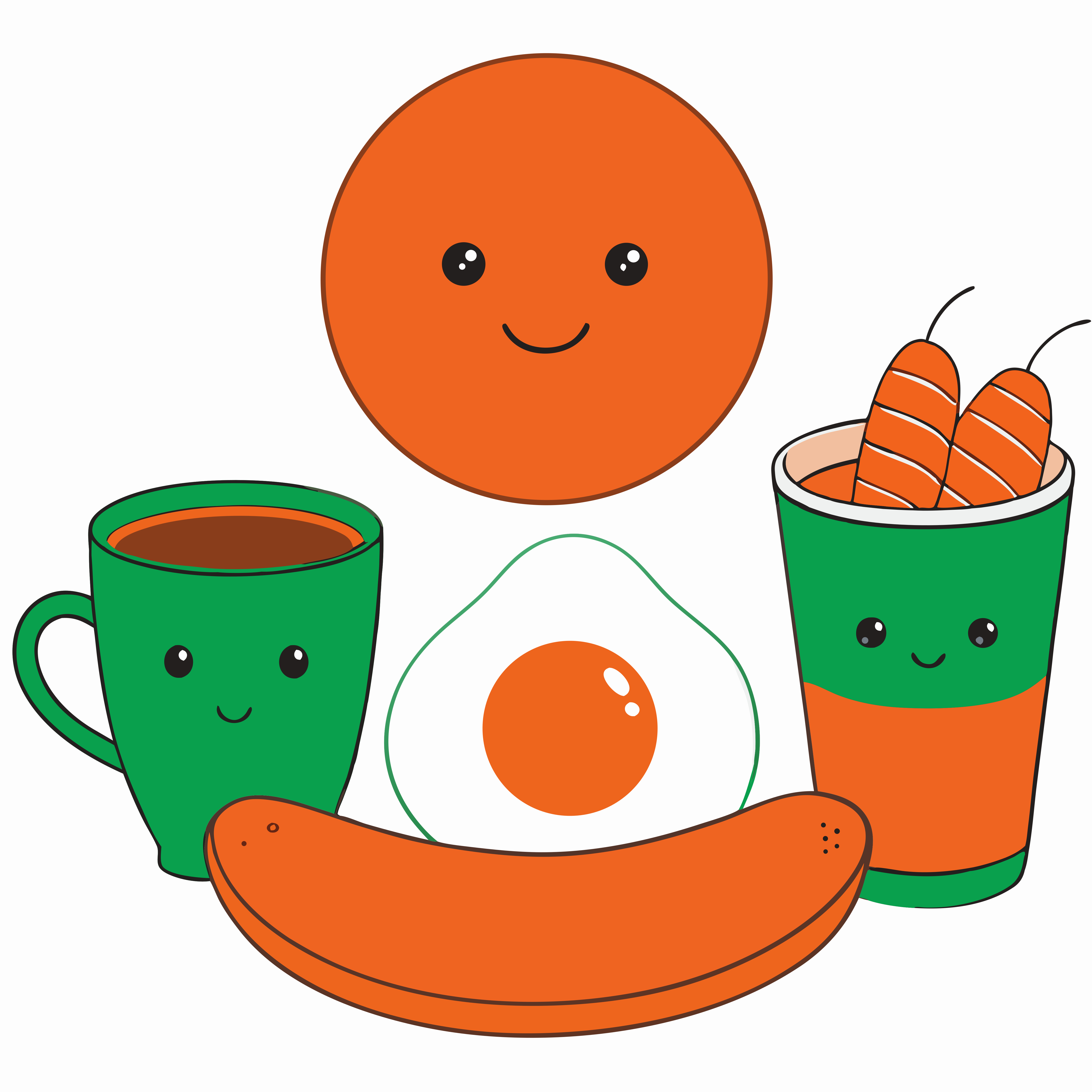 コーヒーマグ、目玉焼き、ソーセージ、オレンジジュースを添えたカートゥーンの朝食