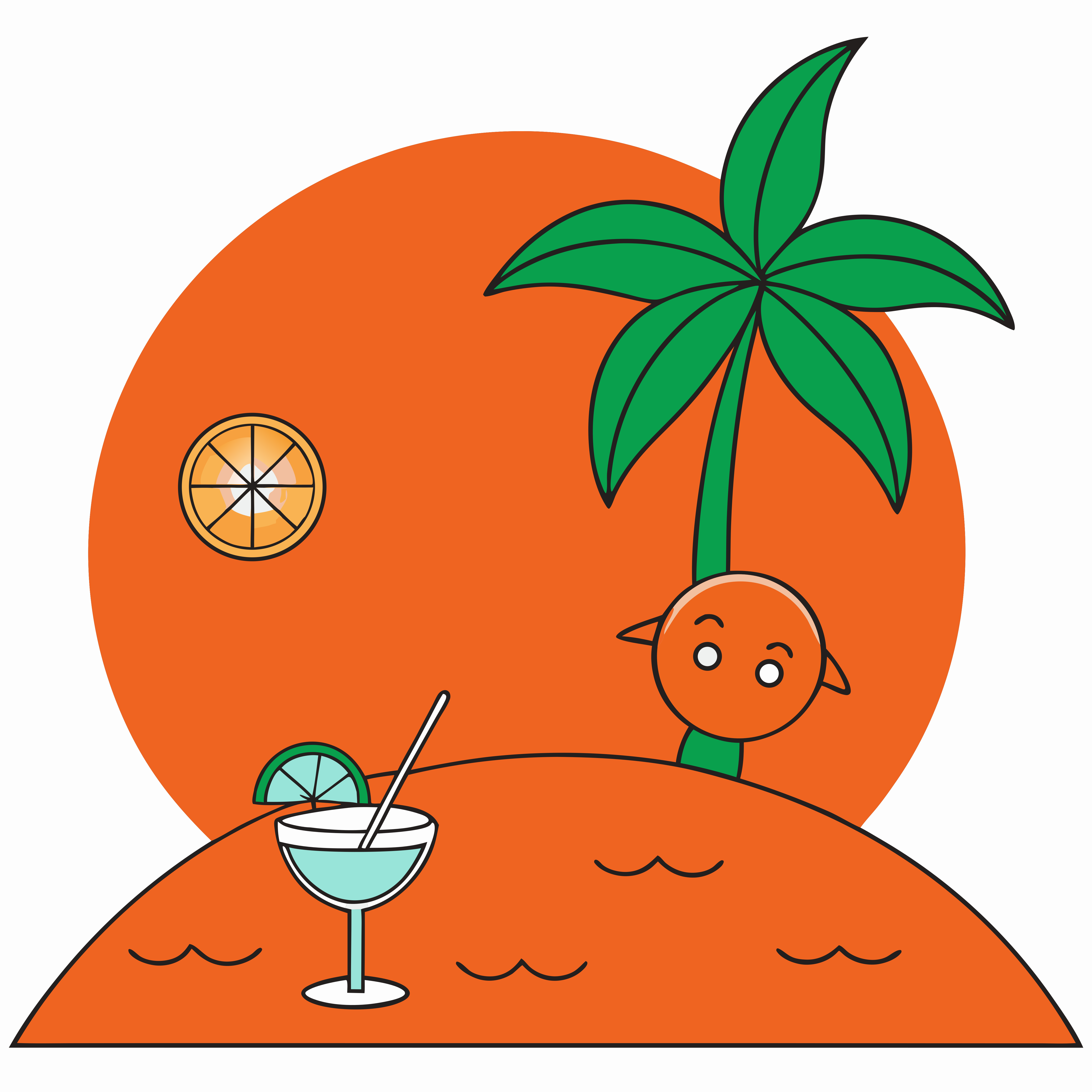 Um coquetel com uma fatia de limão ao lado de uma palmeira em uma ilha de laranja