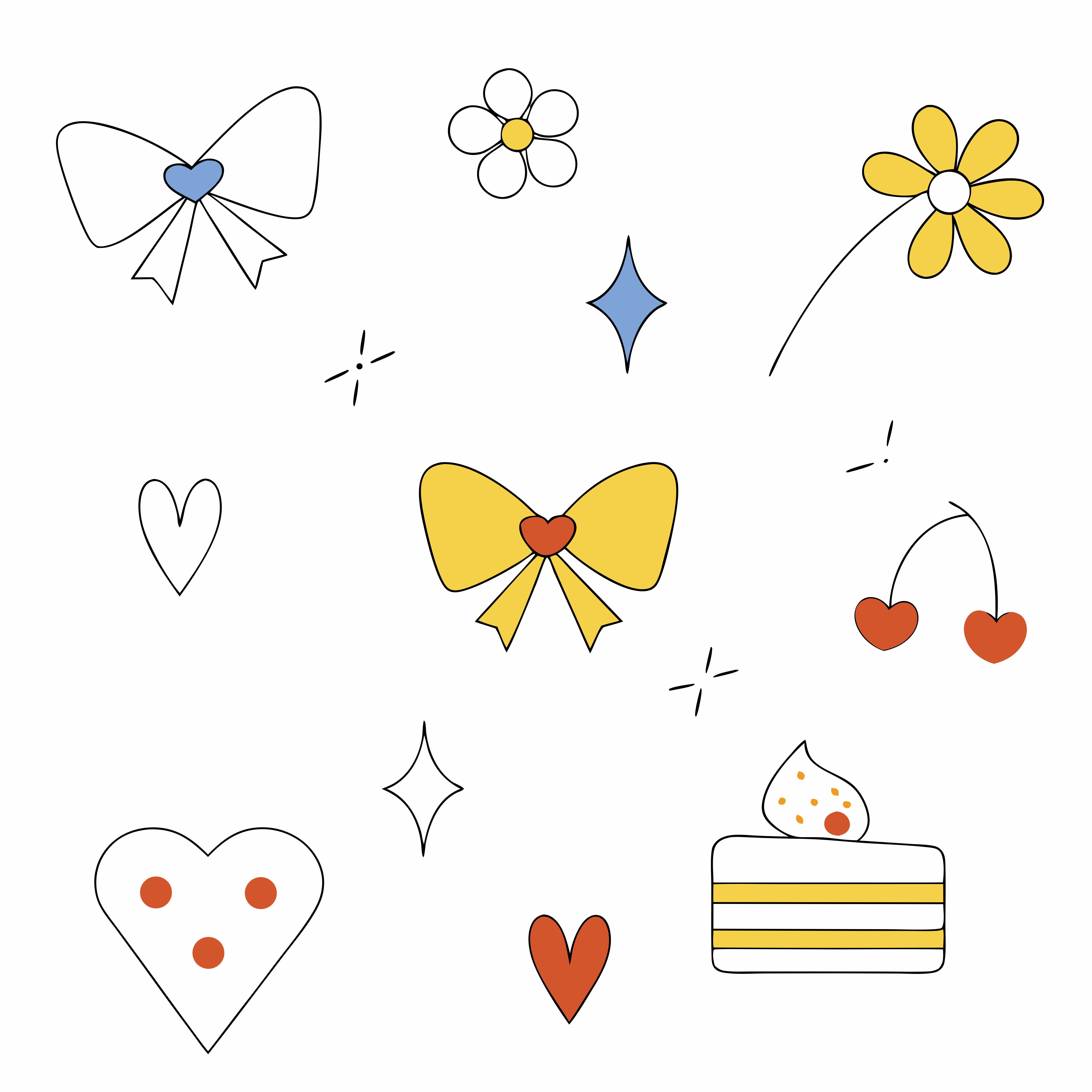 リボウ、花、ハート、星、ケーキの一切れの落書きアイコン
