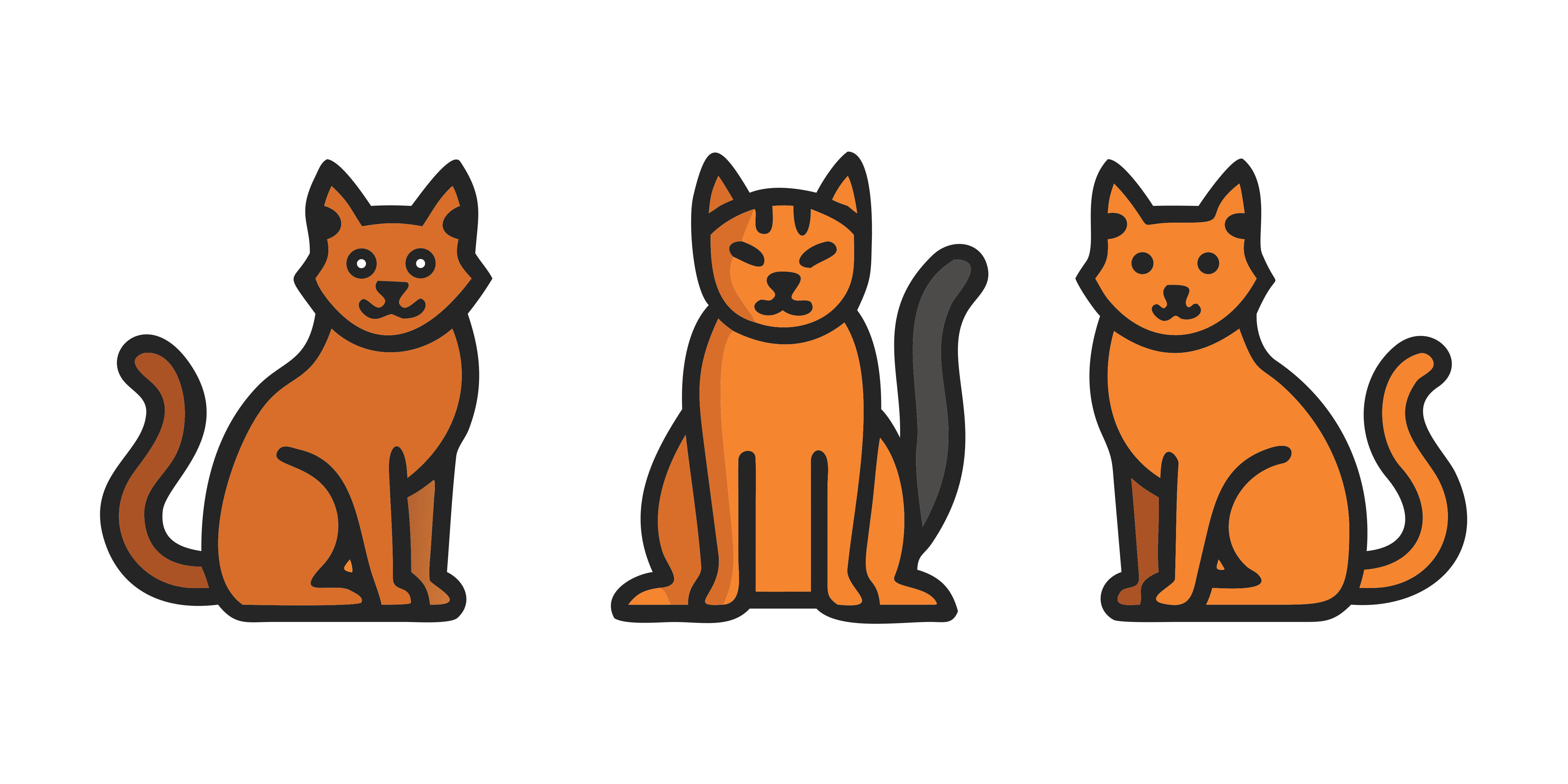 Trois chats orange aux contours noirs épais dans un style plat simple