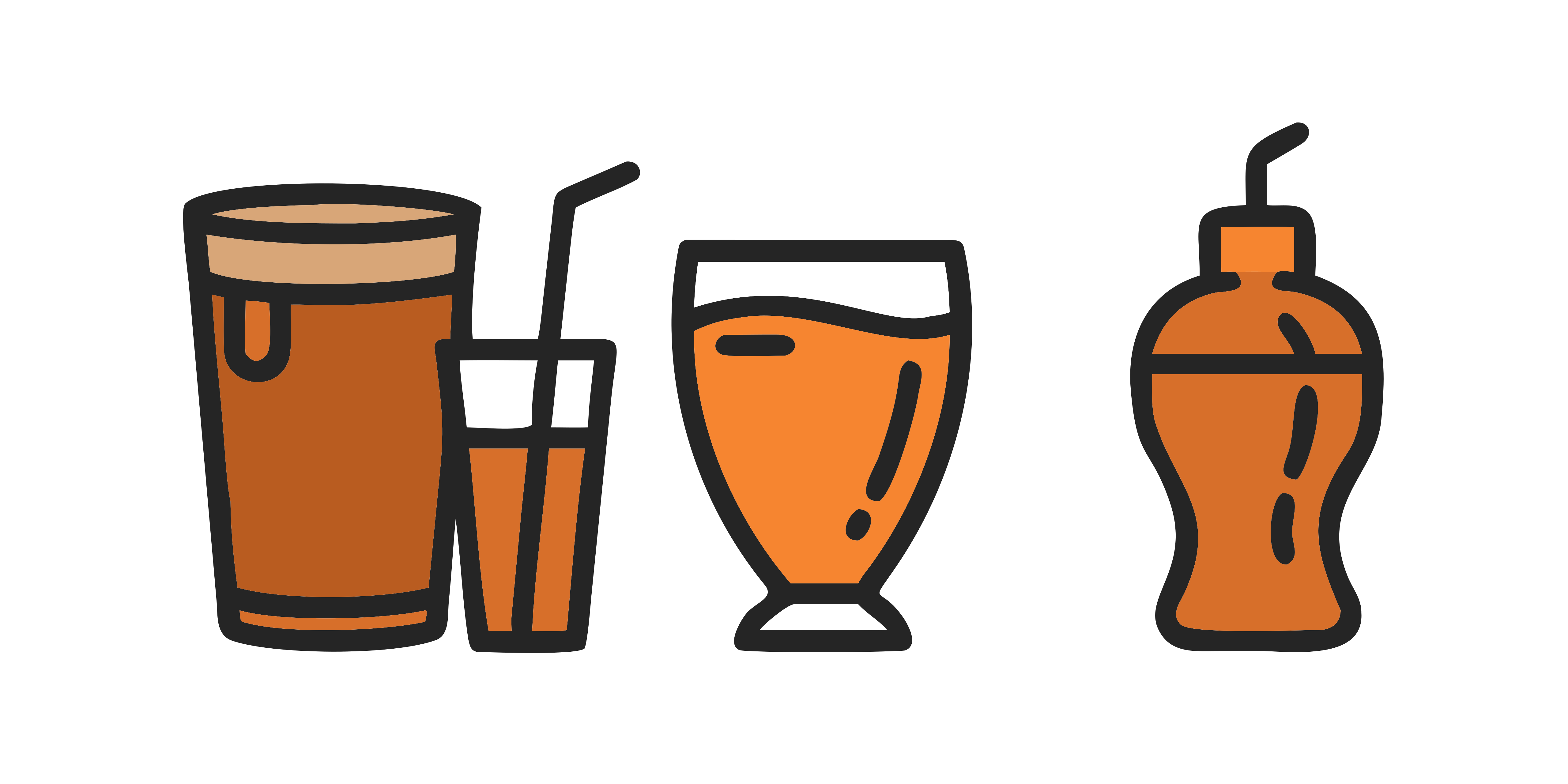 Un grand verre brun, un petit verre avec une paille, et une bouteille