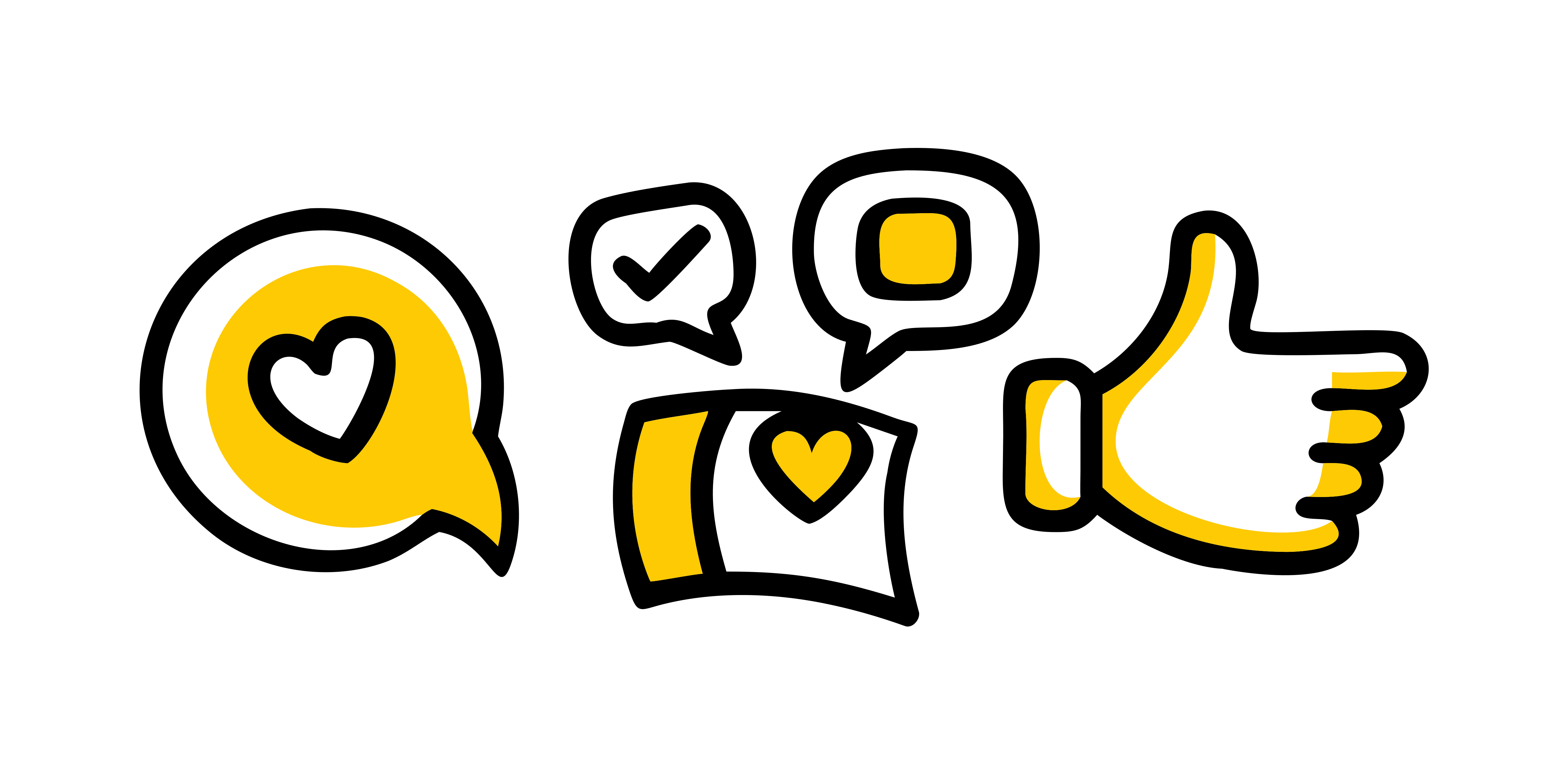 Iconos amarillos y negros de redes sociales incluyendo un corazón, una marca de verificación y un pulgar arriba