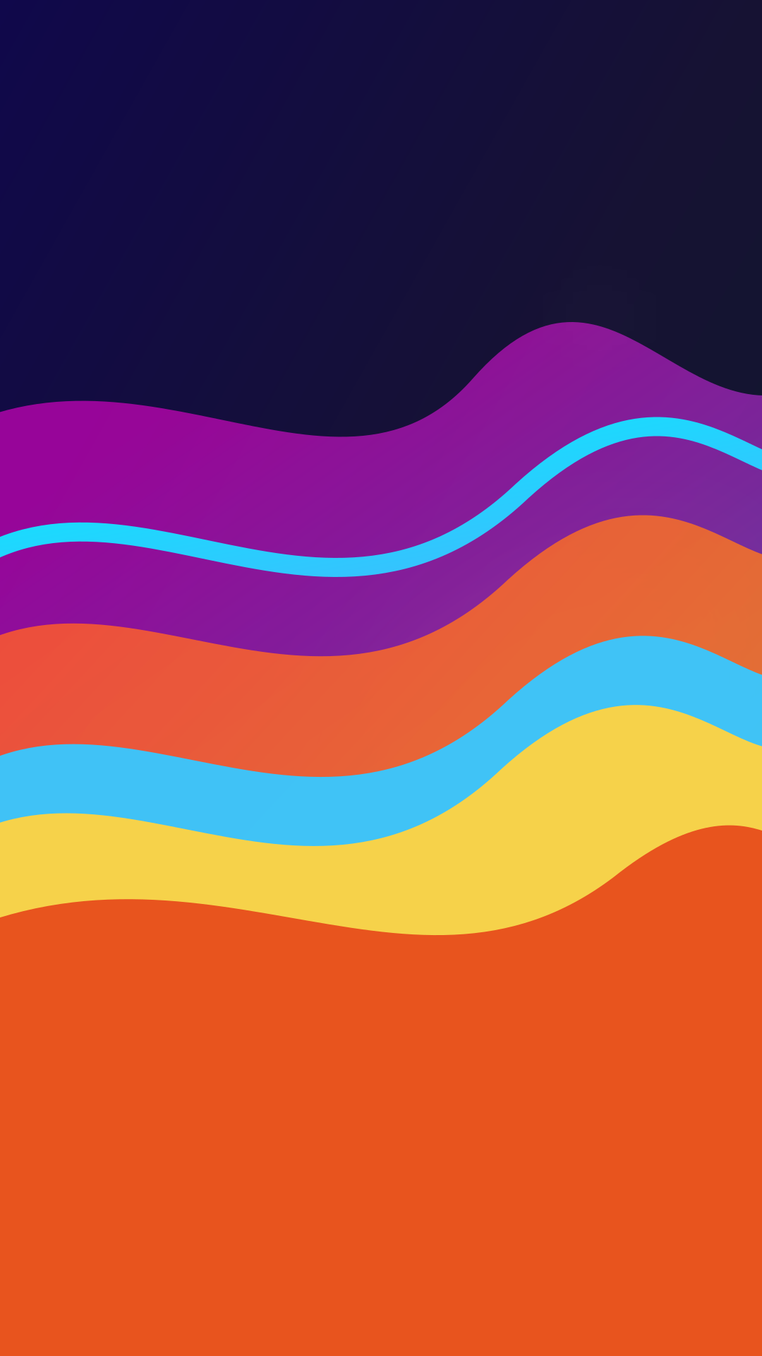 Faixas onduladas abstratas de roxo, laranja, amarelo e ciano contra um fundo escuro