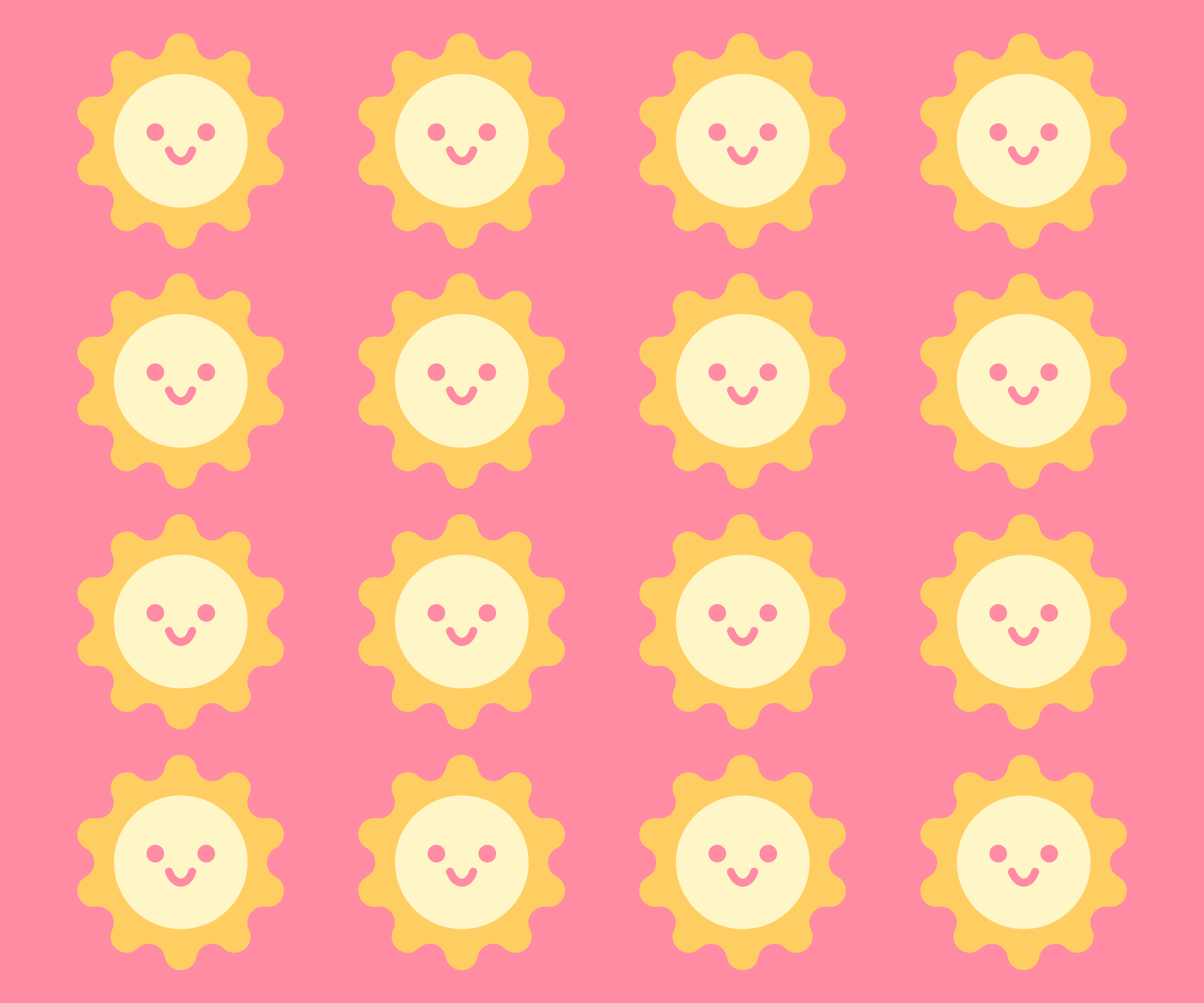 A repeating pattern of yellow sun icons with smiling faces on a pink background