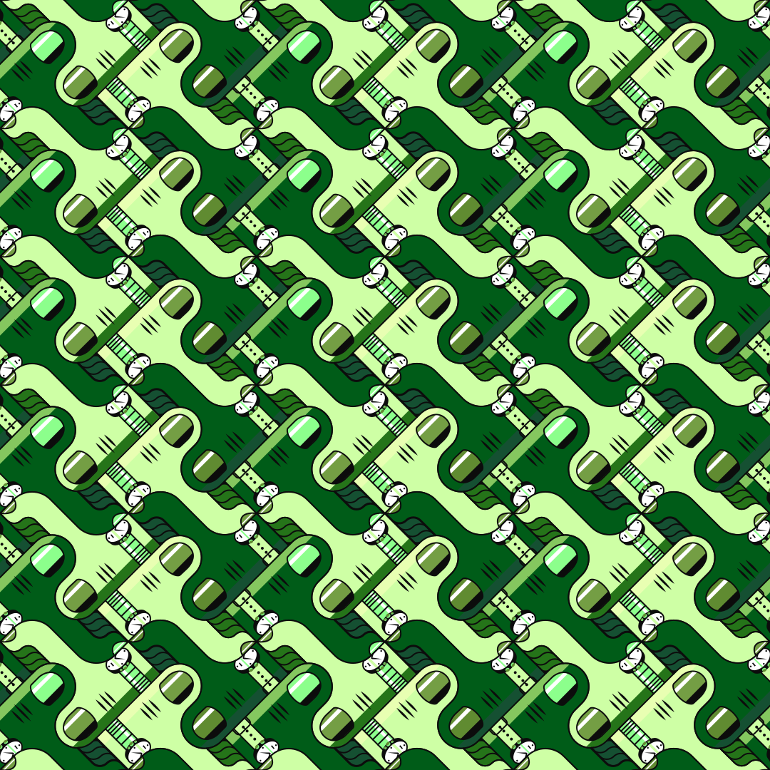 Un motif répétitif de doigts verts stylisés avec des ongles sur un fond sombre