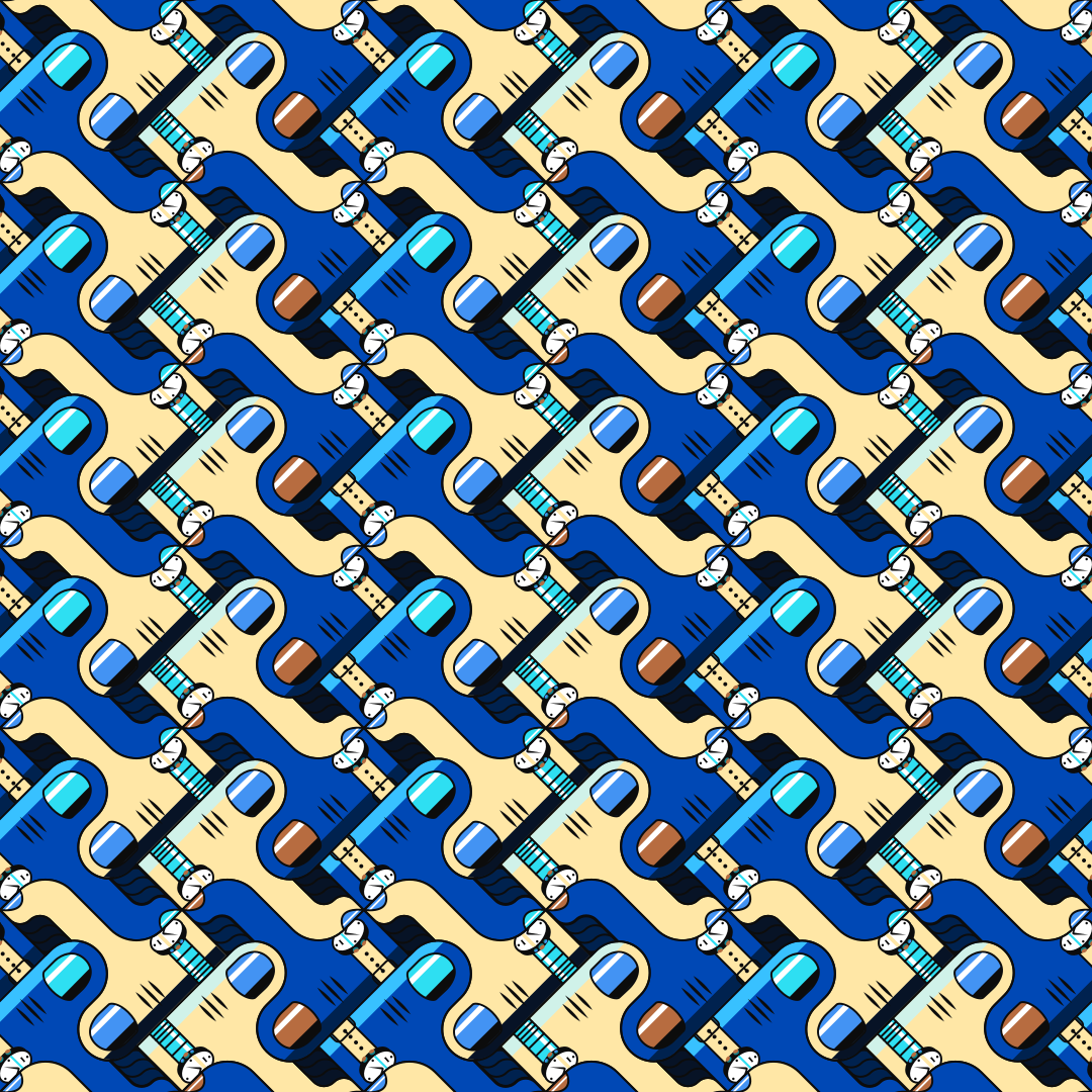 Un motif répétitif de doigts bleus stylisés et de formes beiges sur fond bleu