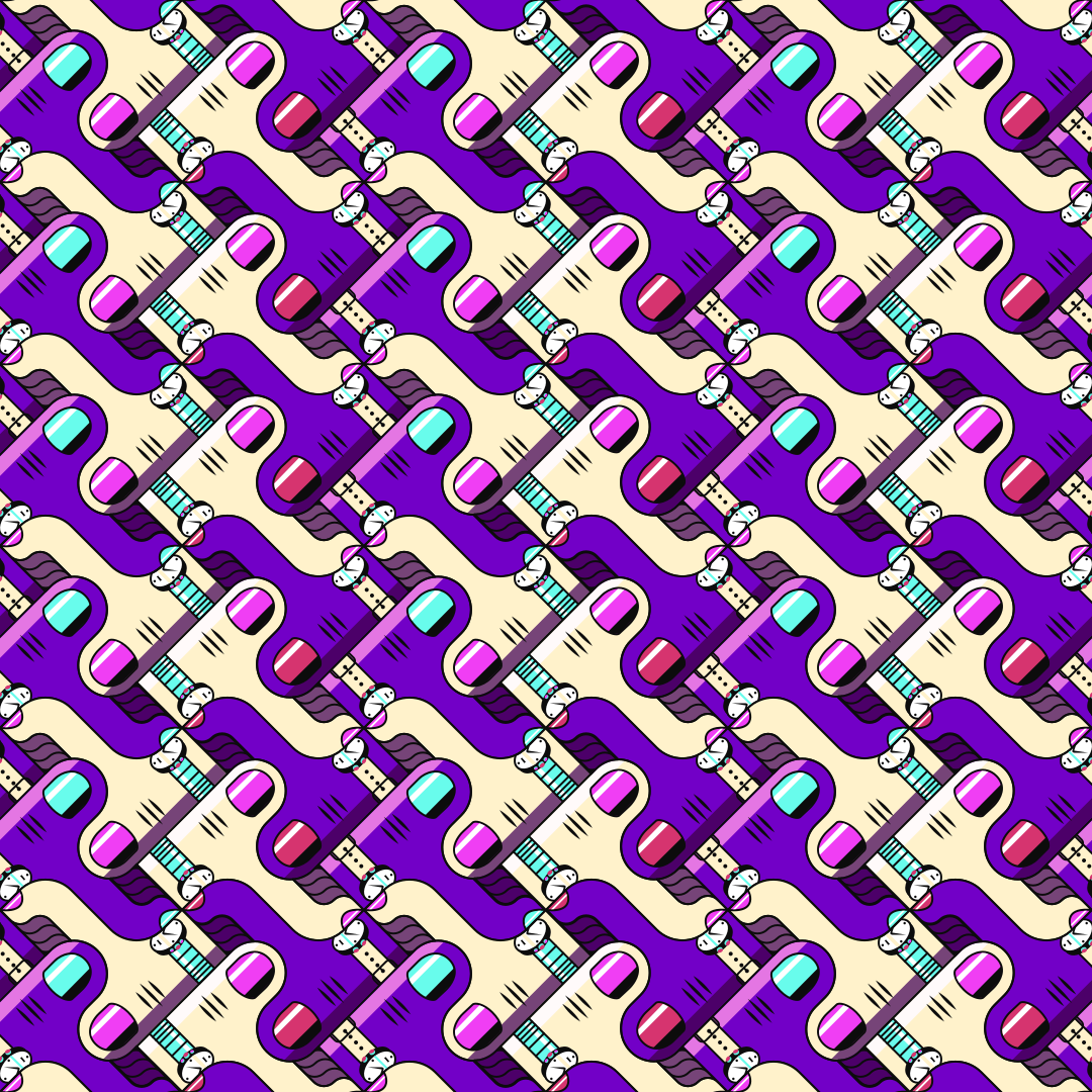 Un patrón repetitivo de dedos estilizados en púrpura y crema sobre un fondo morado
