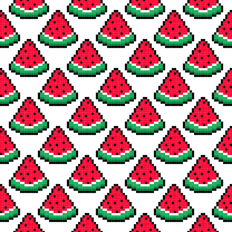 Un motif sans couture de tranches de pastèque en pixel art sur un fond blanc