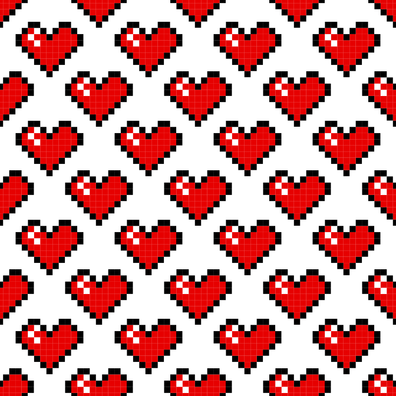 Un motif répétitif de cœurs rouges pixelisés sur fond blanc