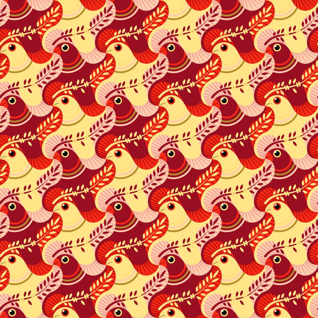 A repeating pattern of stylized birds and leafy branches in red and yellow
