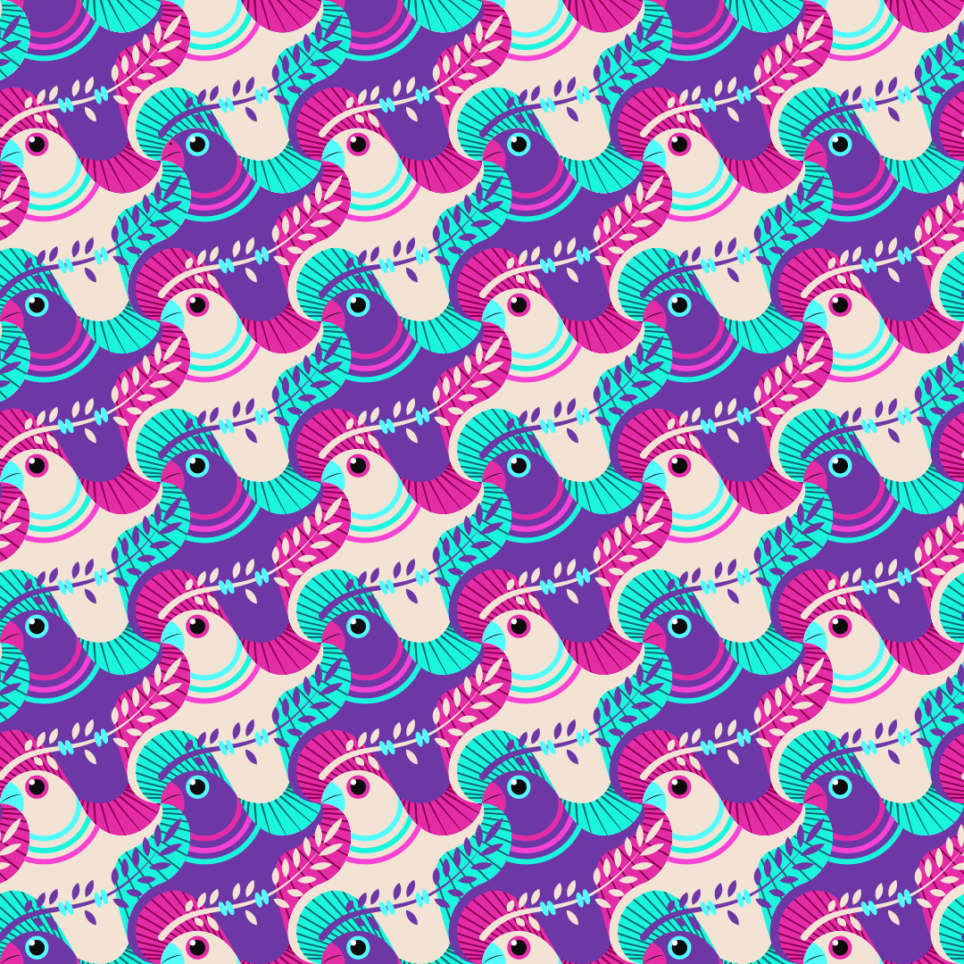 Un motif répétitif d’oiseaux stylisés et de branches feuillues en violet vif et sarcelle
